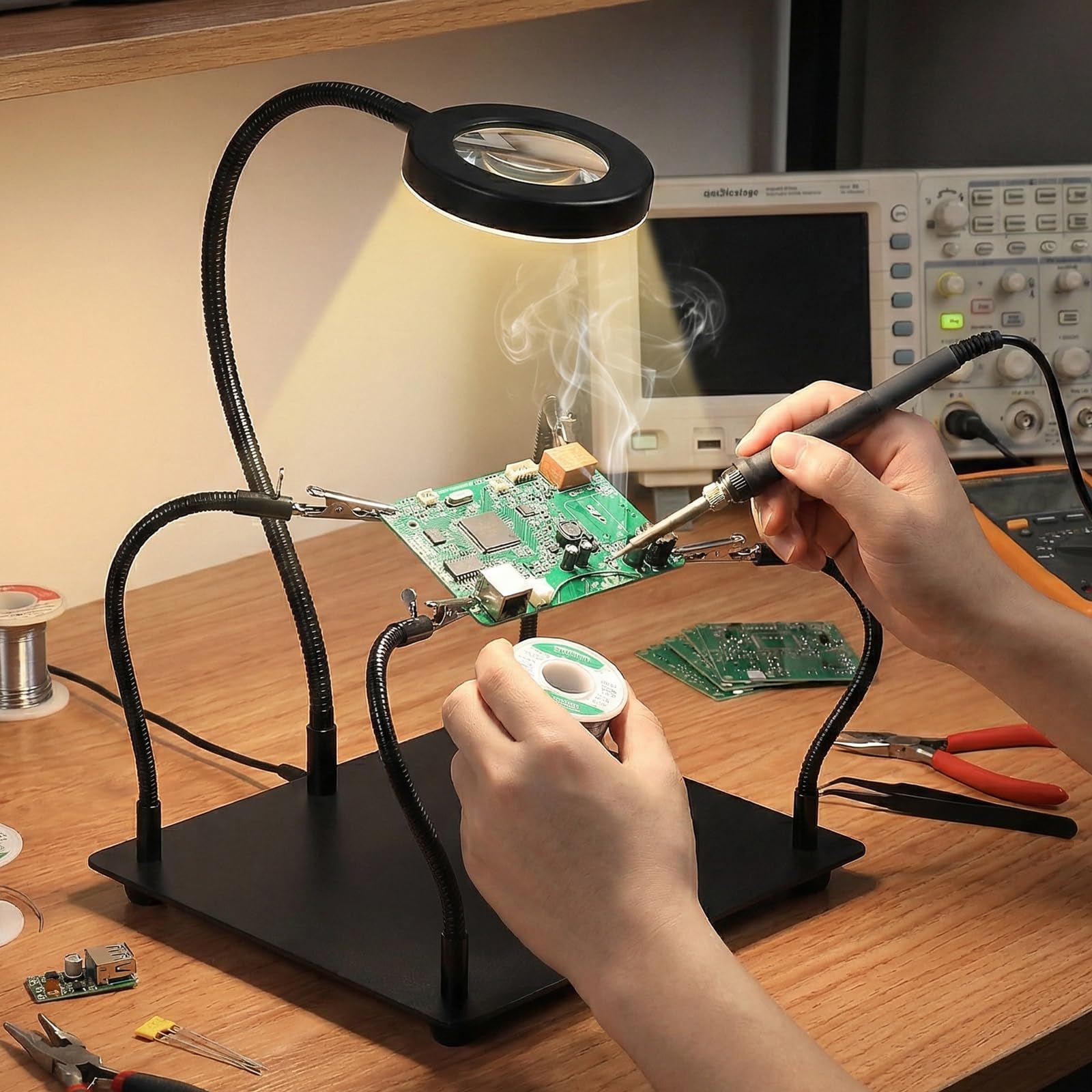 Terza Mano per Saldatura 6X Lente d‘Ingrandimento LED 4 Bracci Flessibili Portal circuiti Stazione Saldante per Elettronica Gioielleria Hobby