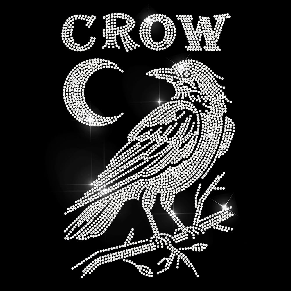 MAYJOYDIY Crow Rhinestone Iron on Hotfix Transfer Decal Moon Raven Bling DIY Patch Repair Animal Crystal Hot Fix Applique for T-Shirt Jacket Bag Jeans Craft Clothing Accessory