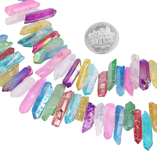 Miniatura 2 de TUMBEELLUWA Puntos de cristal de roca con revestimiento de titanio, cuentas sueltas perforadas en la parte superior de la piedra de cuarzo de