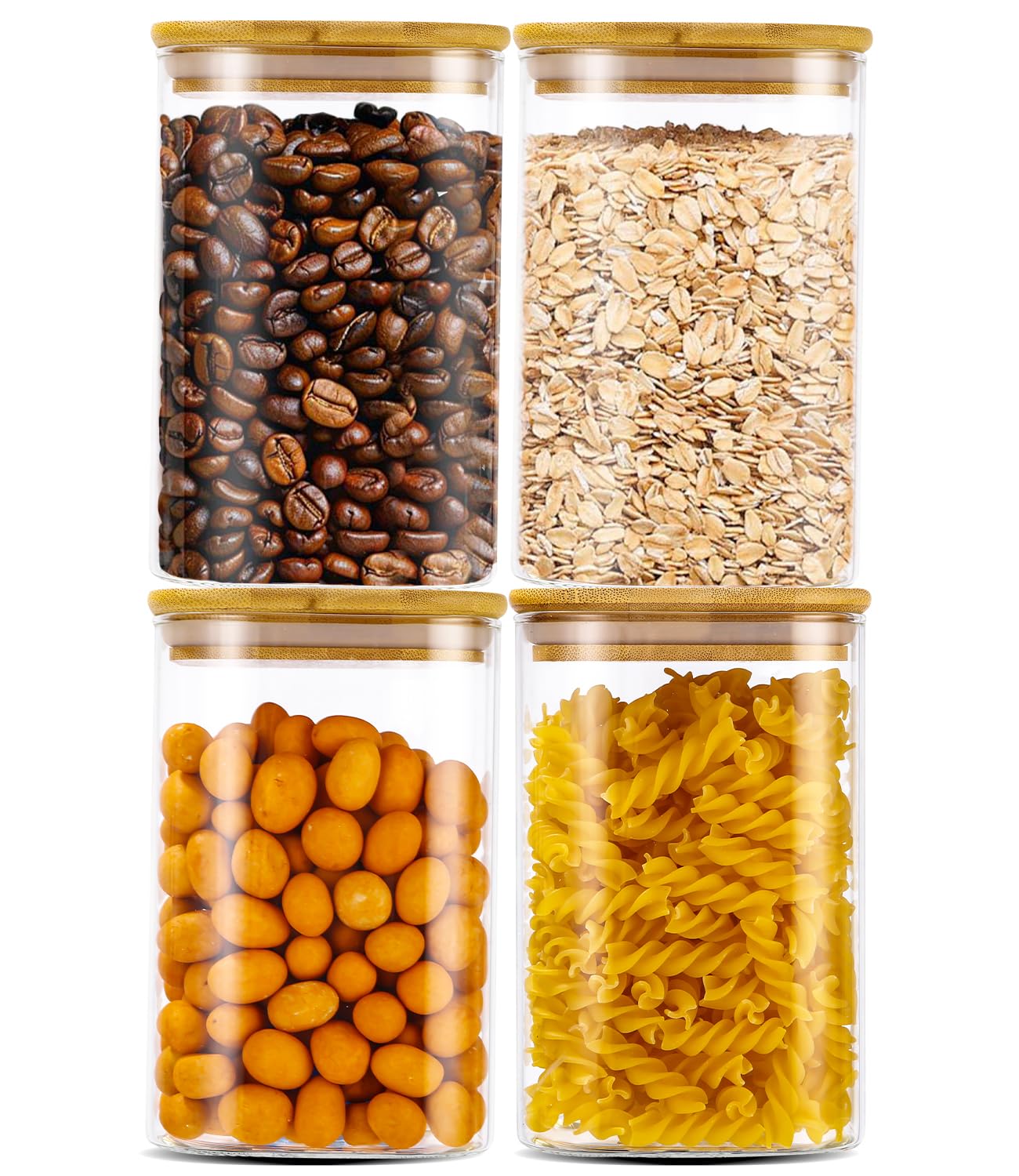 Set 3 Barattoli Vetro 1200ml Con Coperchio Bamb&ugrave; | Ermetici Per Caff&egrave;, Pasta, Cereali | Con Cucchiaio Dosatore