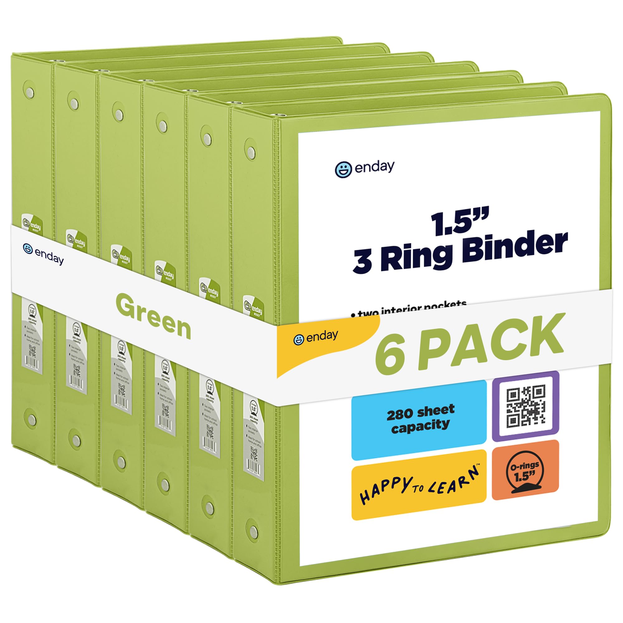 Enday 1.5 Inch Binder (6 Pack - Green) 3 Ring Binder 1.5 inch with Clear View Cover and 2 Inside Pocket - for Letter Size 8.5 x 11'' Paper, Ideal for