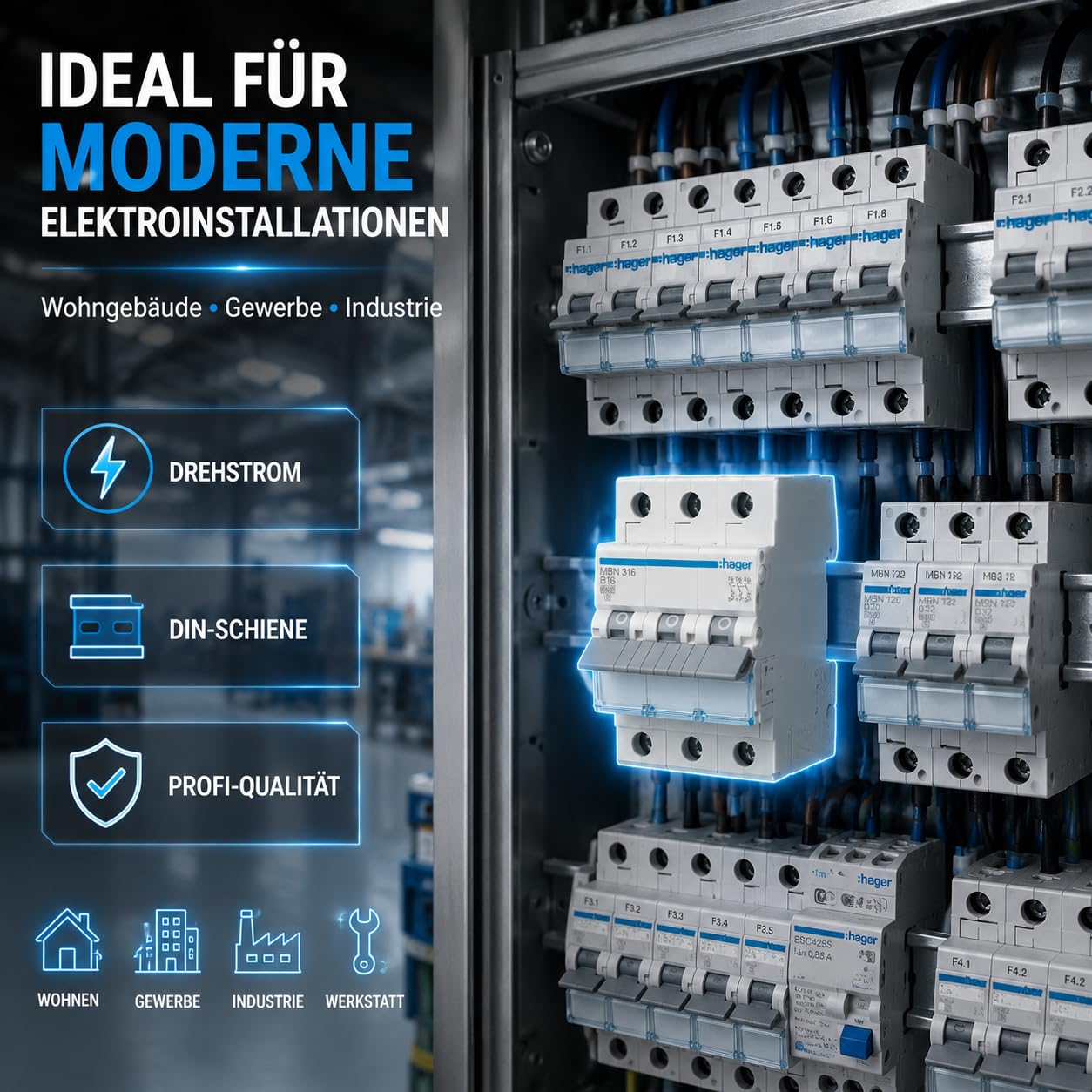Hager Leitungsschutzschalter MBN316 3-polig B16A 6kA, LS-Schalter mit biconnect Klemmsystem, Sicherungsautomat für Drehstrom 230/400V, DIN-Schiene, 3 Module, Schutzschalter