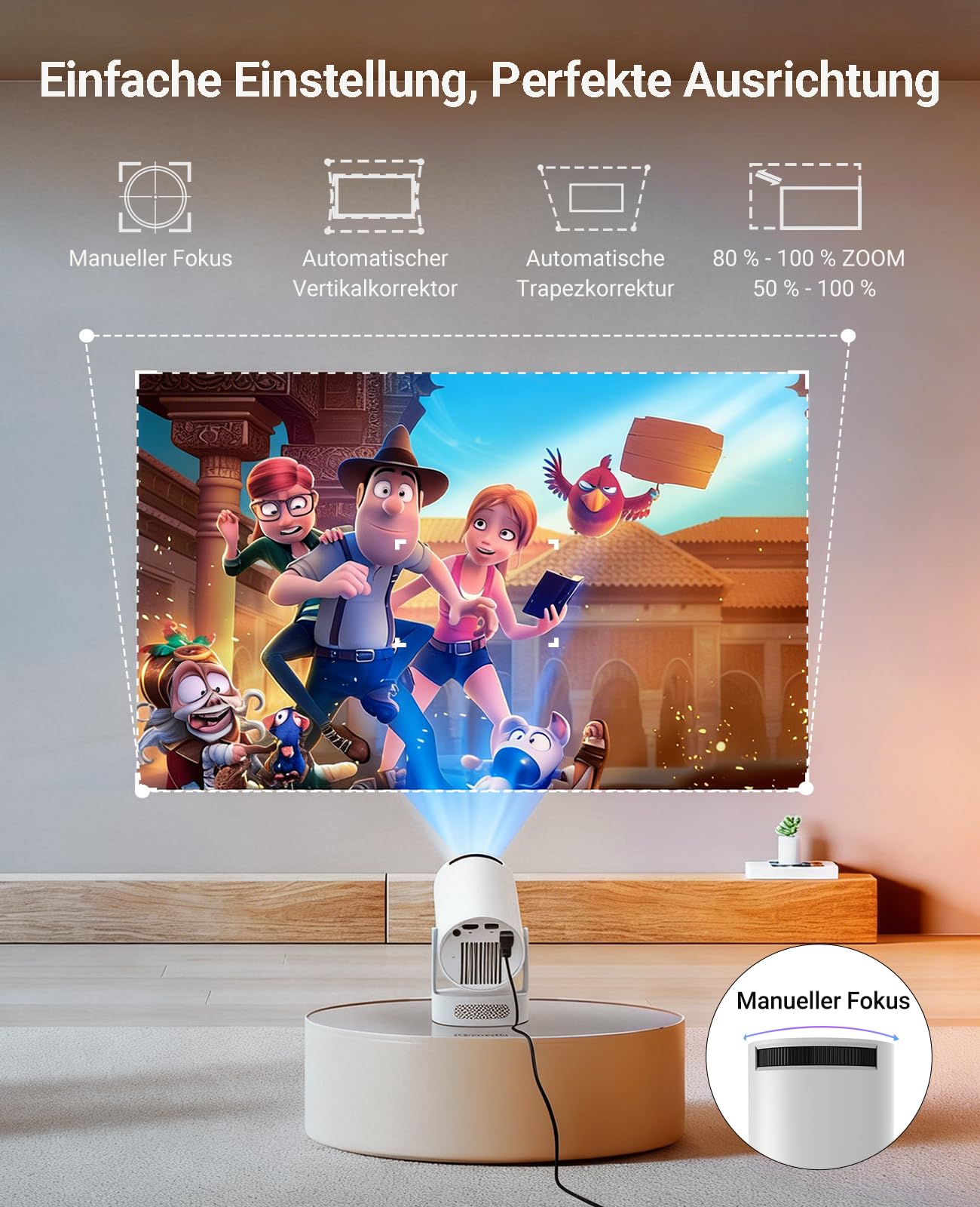 Vidéoprojecteur avec WiFi 6 et Bluetooth 5.4,Mini Portable Projecteur 4K 1080P Auto Keystone Correction 180° Rotation,Compatibile avec HDMI/TV Stick/Memory Stick/Laptop/USB,Home Cinéma,Blanc