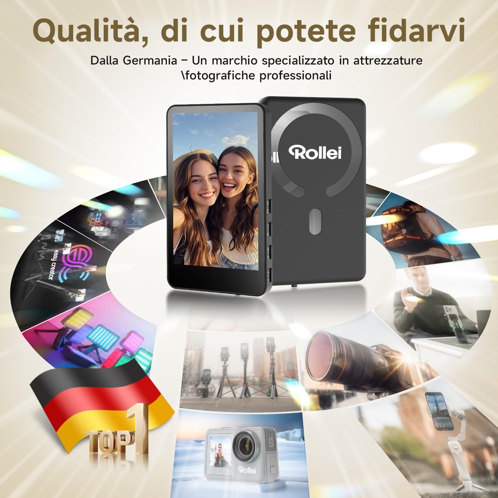 Selfie Monitor Schermo per Telefono, Rollei Easy Creator Selfie Monitor 3,97" per Fotocamera Posteriore Compatibile con iPhone e Android per TikTok Live Streaming Magnetico-Telefono-Fotocamera-Schermo
