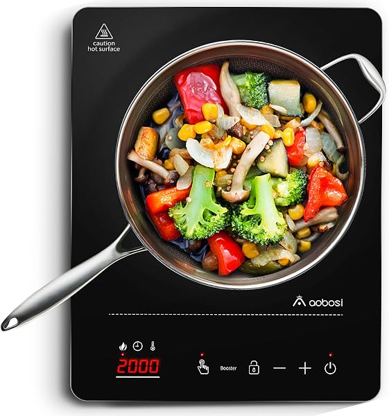Aobosi Plaque de cuisson à induction,plaque à induction portable, 20 niveaux de puissance et 20 niveaux de température,Taille compacte,2000W,Affichage LED,Minuterie 10H,Fonction Booster - 1