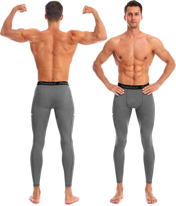 Roadbox Men's Compression Pants Running Tights with Pockets Athletic Leggings Base Layer for Workout Basketball Cycling Sport