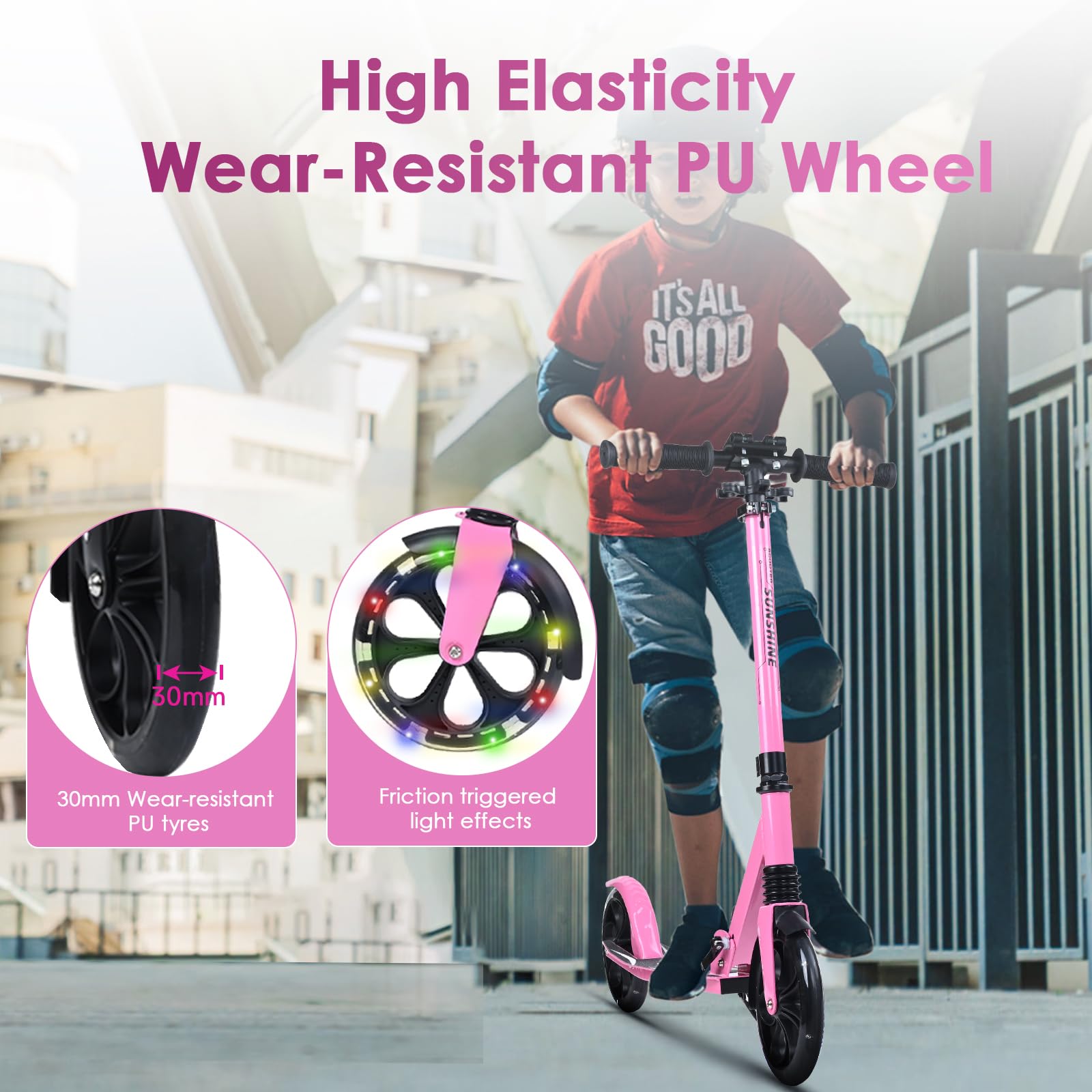 Dskeuzeew Trottinette Pliable Réglable avec Lumière LED, Convient aux Enfants et aux Adultes, Roues de 205 mm en Polyuréthane, Frein Arrière Antidérapant, Peut Supporter 100 kg