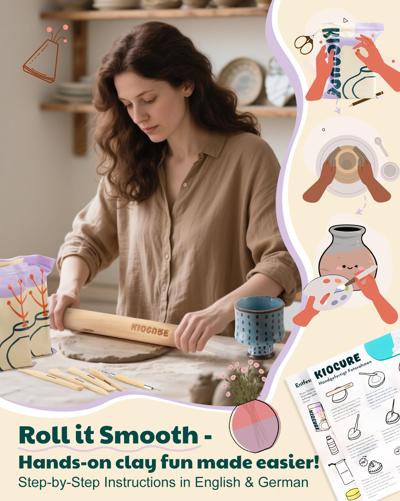 Töpferset für Zuhause Pottery Set: Ton zum Töpfern lufttrocknend für Erwachsene, DIY Set Erwachsene Ton Set mit Modellierwerkzeug, Acrylfarben, Töpfern Zuhause für Anfänger