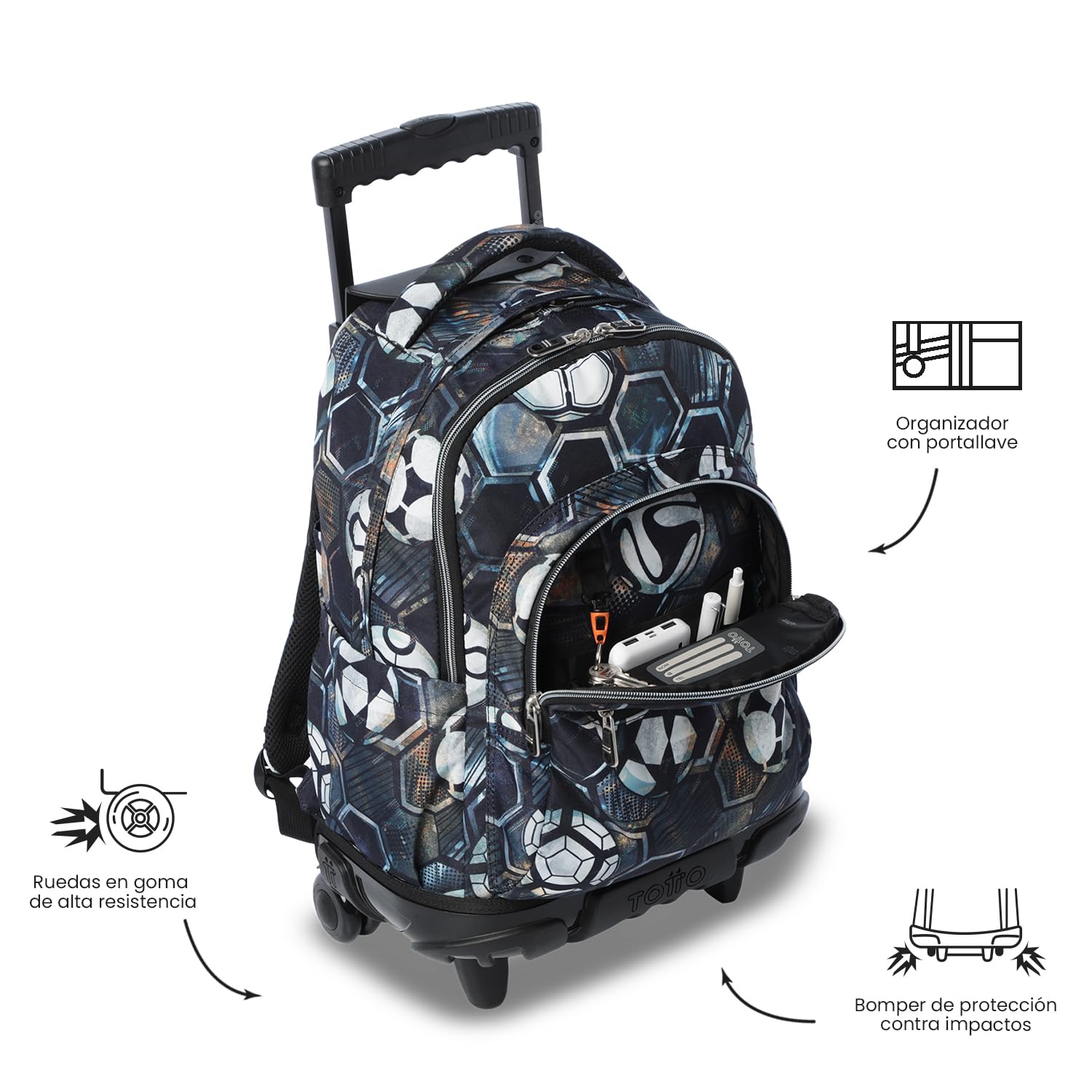 TOTTO - Mochila Escolar con Ruedas, Modelo Renglones, Capacidad 26,21 Litros, Bolsillo para PC 15,4", Bolsillo Botella, Correas en S para Mayor Comodidad, Resistente, Estampado Verat Soccer