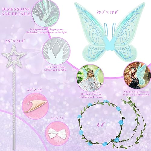 Vista 3 de 7PCS Fairy Wings Dress Up,Sparkling Sheer Wings Butterfly Fairy Halloween Costume Angel Wings for Kids Girls Women