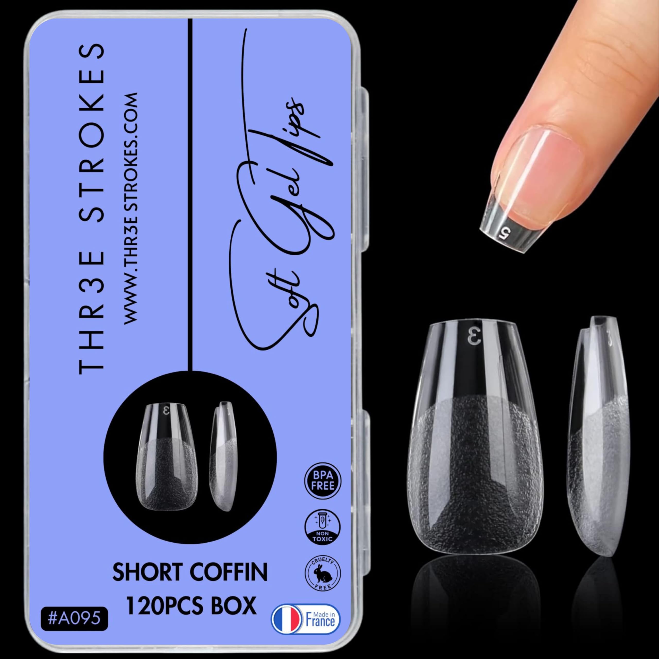 THR3E STROKES 120pcs Soft Gel NailTips, Gel X Nail Tips Clear Fake Nails Full Cover Soft Acrylic NailTips with Box for Extension Nail Manicure Salon Home DIY (Short Coffin Half Matte)