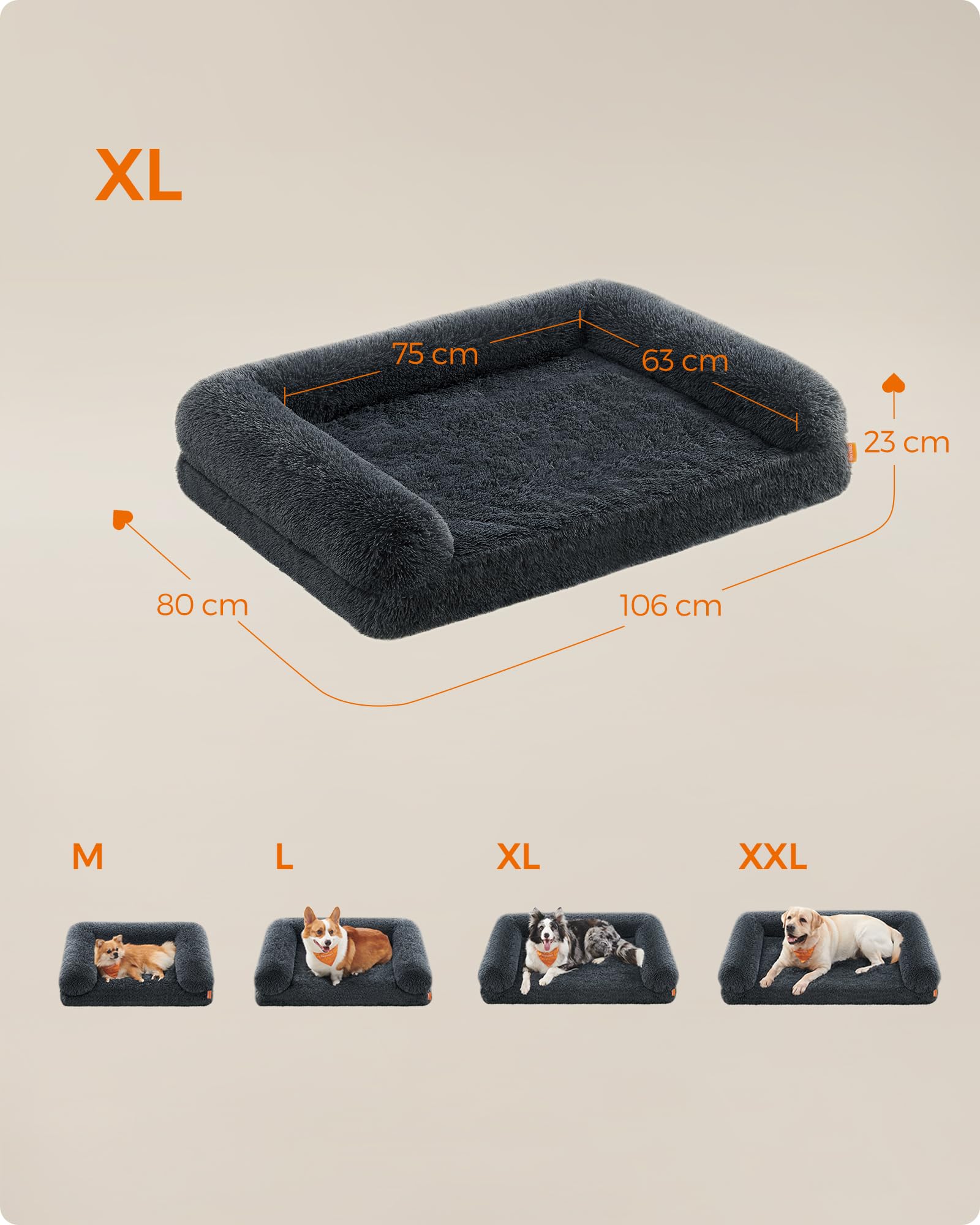 Feandrea FluffyHug Cuccia per Cani, Taglia XL, Divano Letto per Cani di Taglia Media e Grande, di Gommapiuma Ondulata, Copertura Lavabile Sfoderabile, 106 x 80 x 23 cm, Grigio Scuro PGW233G02
