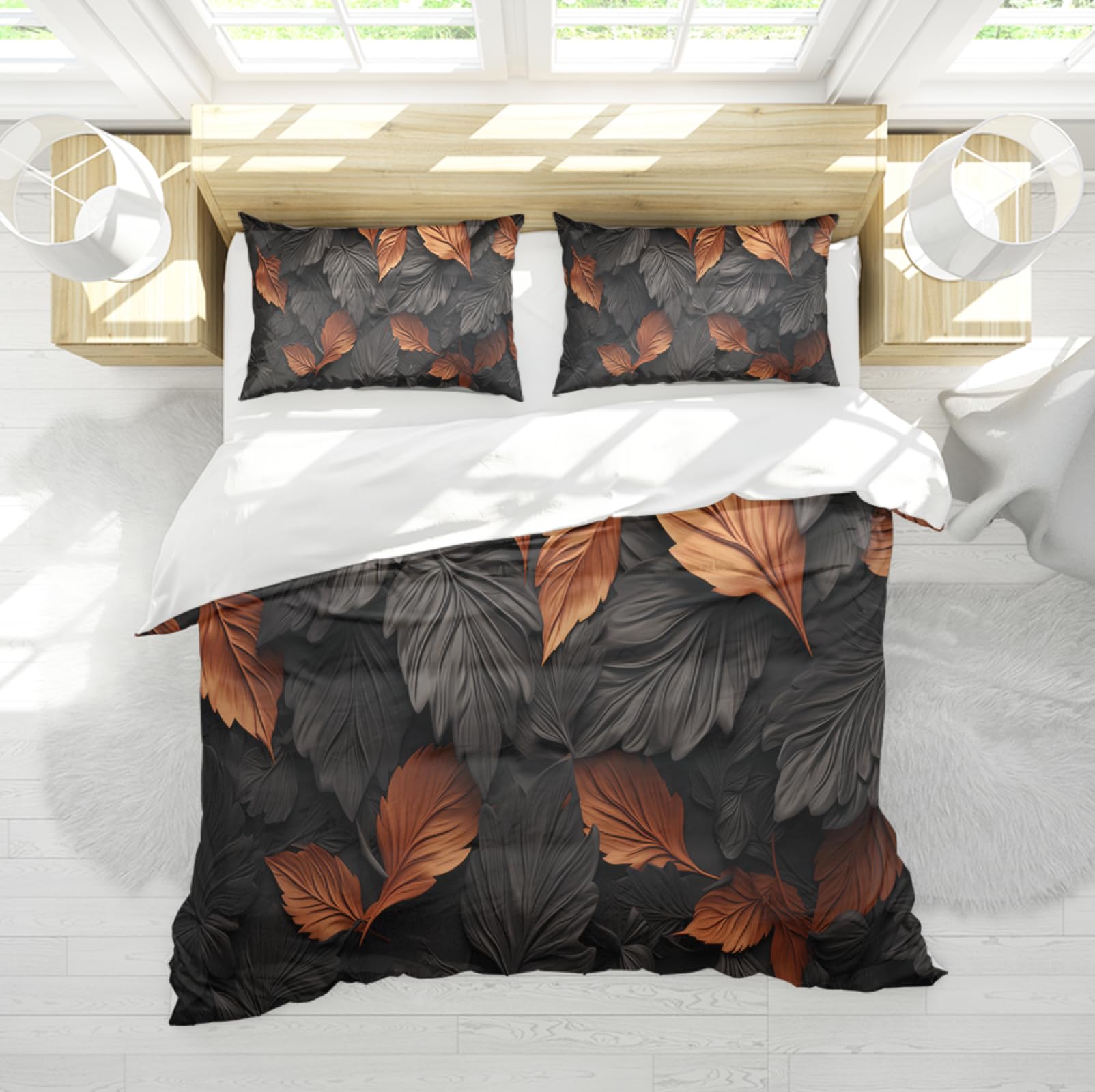 Wewoo Home Leaf Print Duvet Cover Set Caramel Color and Black Leaves Comforter Cover Set - Soft Fluffy Bedding 3 Pieces Included 2 Pillowcases Super king