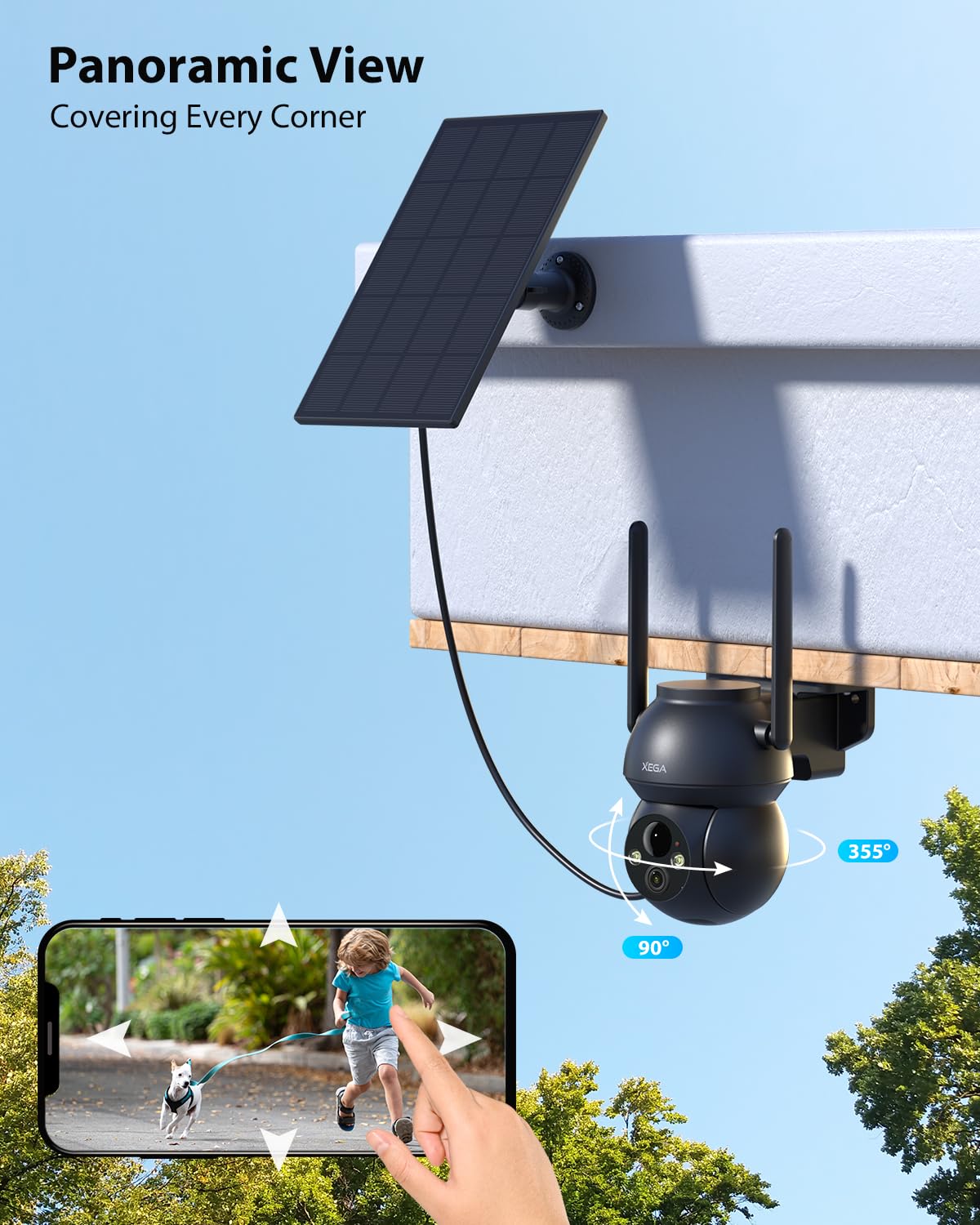 Xega Überwachungskamera Aussen Solar mit 5200mah Akku,2,4GHz WiFi | HD PTZ Kabellos Kamera Überwachung Außen Akku mit Solarpanel,FarbNachtsicht, PIR Personenerkennung,2 Wege Audio,TF&Cloud,IP66
