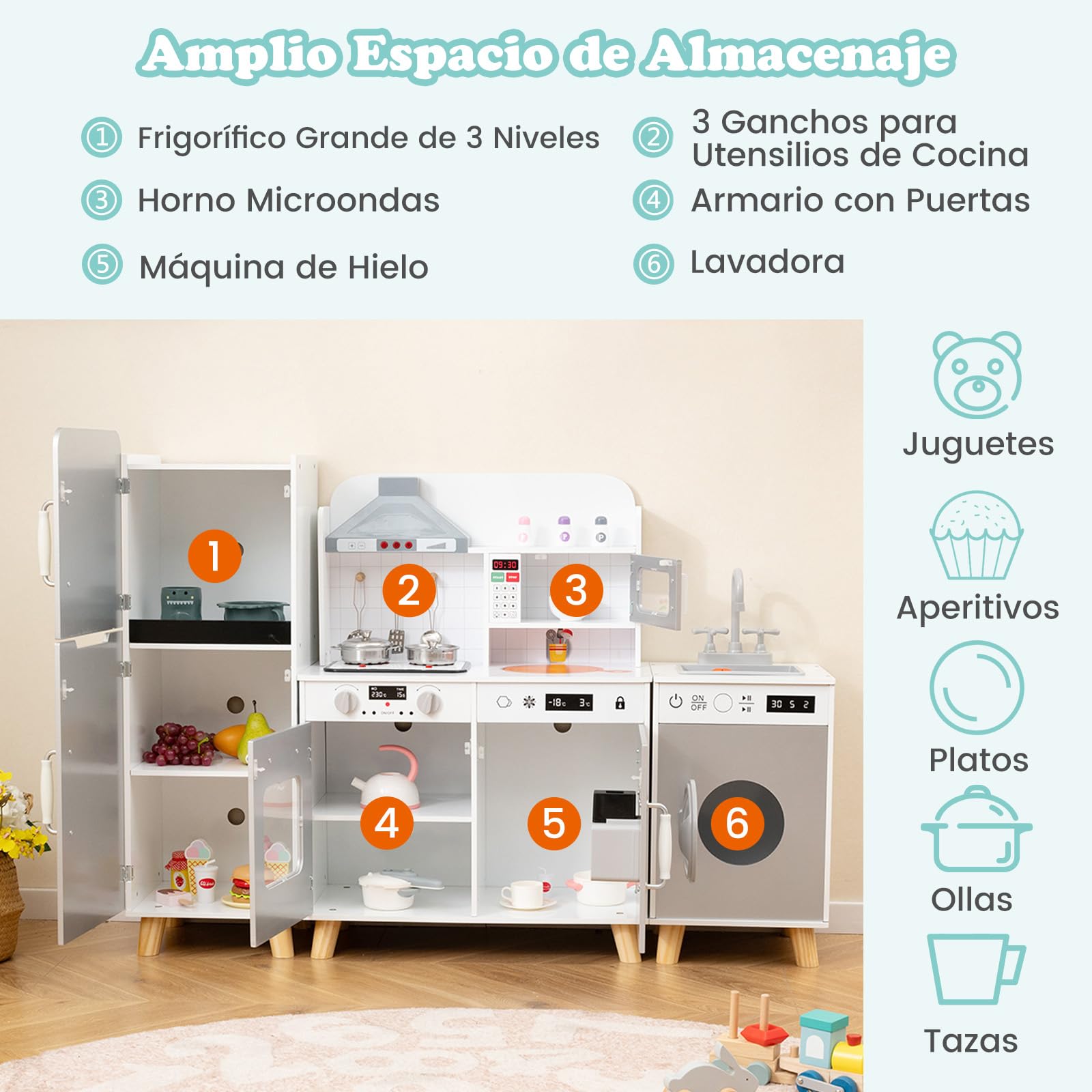 COSTWAY Cocina Juguete Infantil, Cocinita de Madera Infantil 3 en 1 con Refrigerador, Lavadora, Máquina de Hielo, Estufa, Fregadero, Horno, Microondas, Cocina Juguete con Luces y Sonidos (Gris)