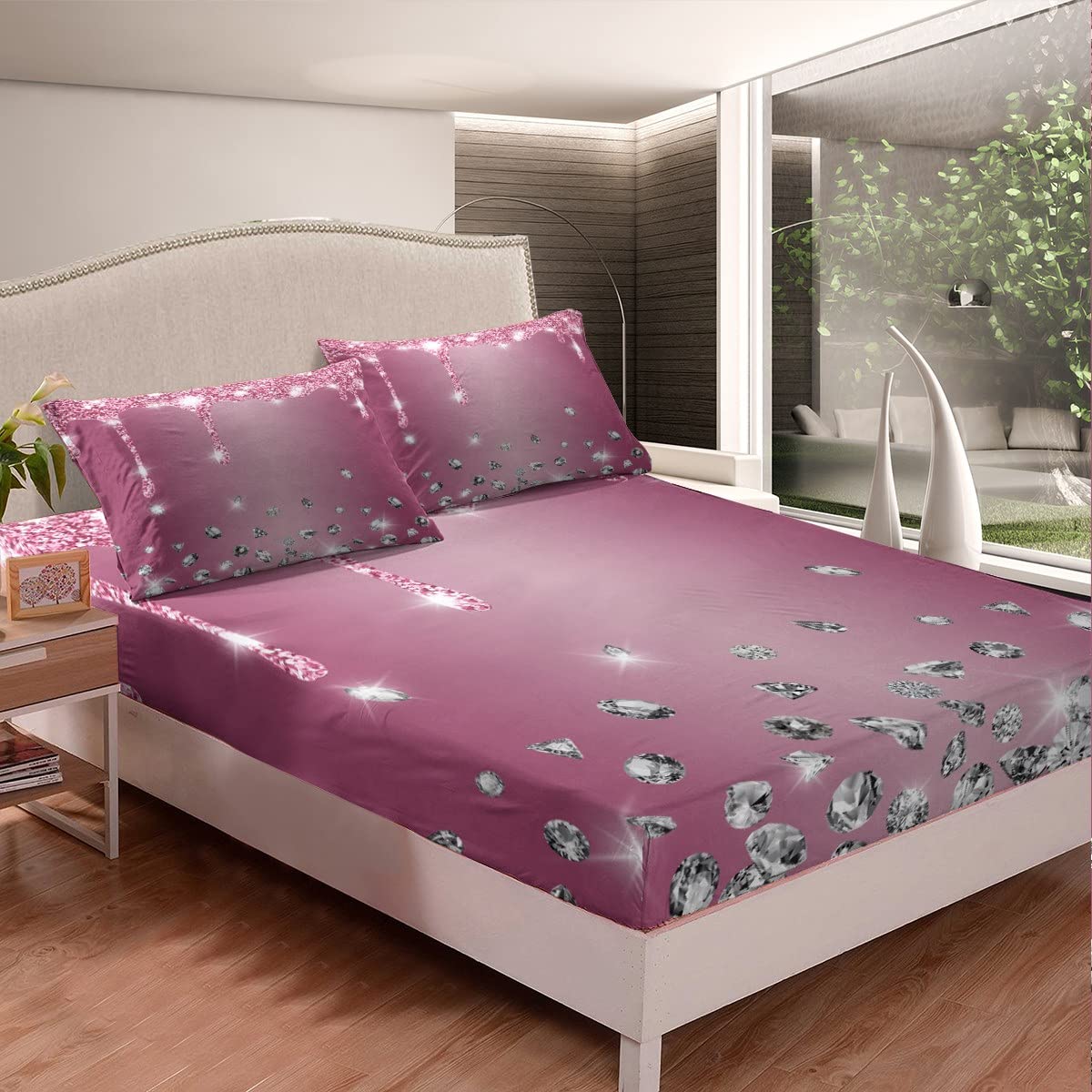 Juego de sábanas de diamantes con purpurina para niños y niñas, sábana bajera ajustable brillante para niños, mujeres y hombres, textura de lujo suave, colorido y moderno, juego de ropa de cama para