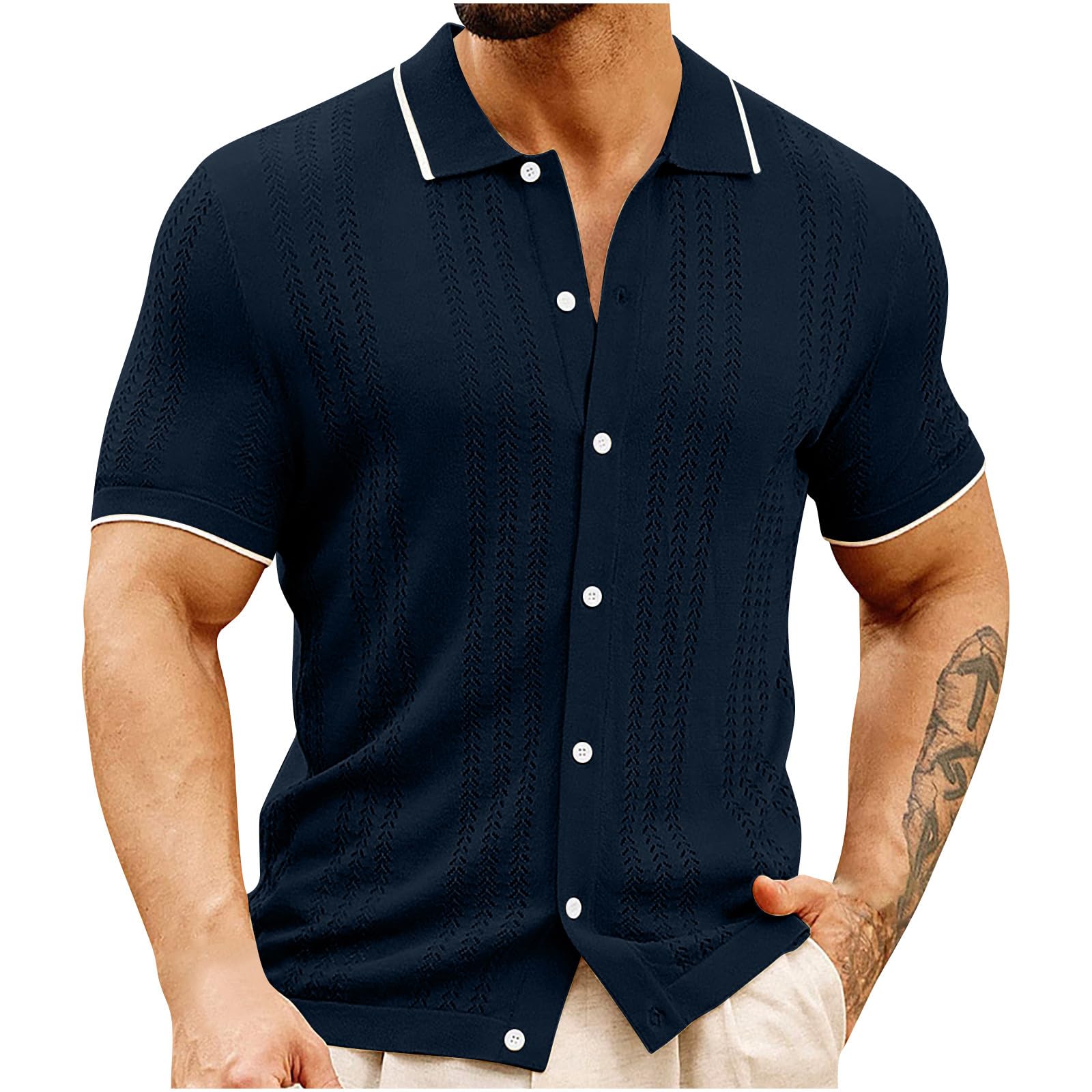 NUSGEAR Camisa de Manga Corta Hombre 2024 Camiseta Tejido de Punto Casual Color sólido Verano Oficina Elegante Cuello en V Botones Moda Original T-Shirt Camisa Slim Fit Fiesta Tops tee Traje
