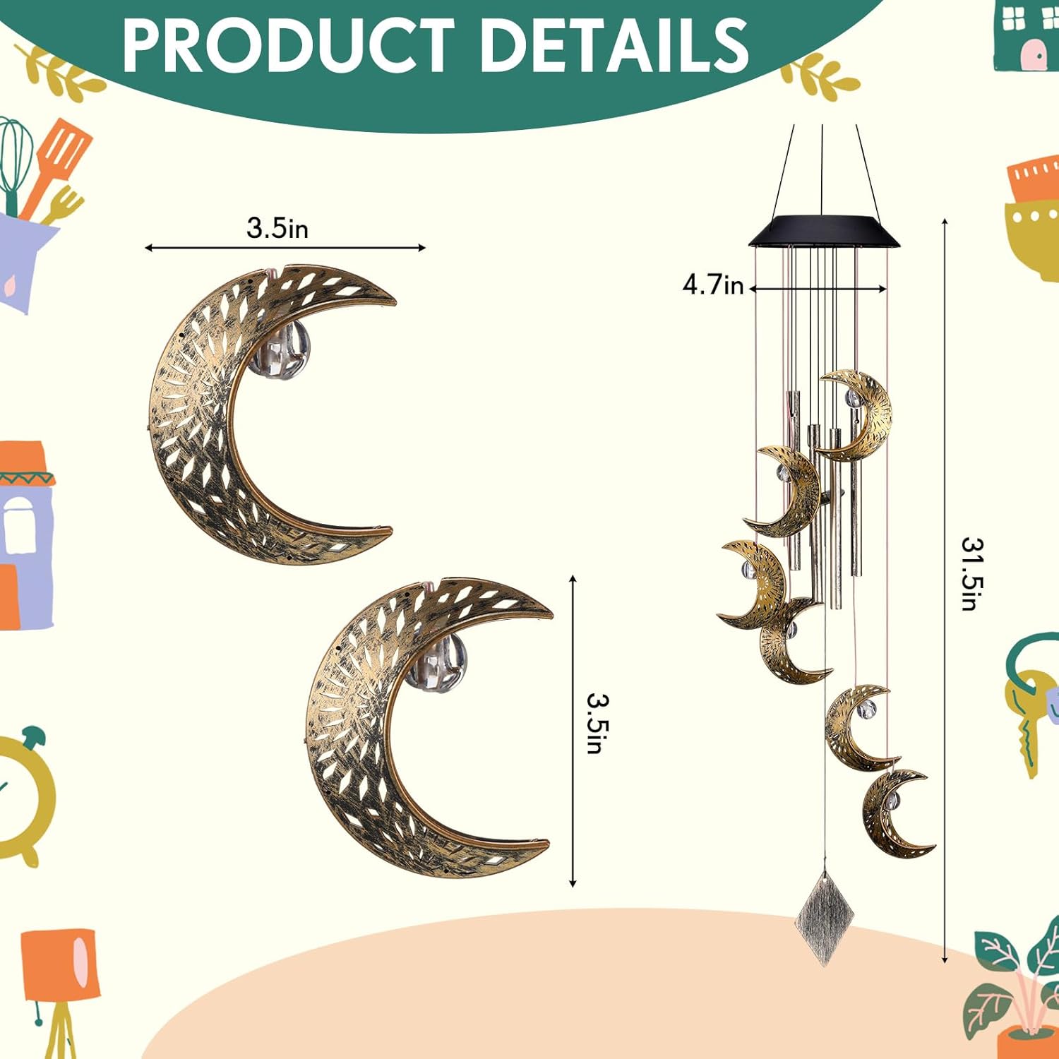 Solar Wind Chimes for Outside Waterproof Hanging Wind Chimes Lights Outdoor Decor Yard Garden Gifts for Mother Mom Grandma Wife Neighbors(Moon,Warm Colored Lights) - Image 2