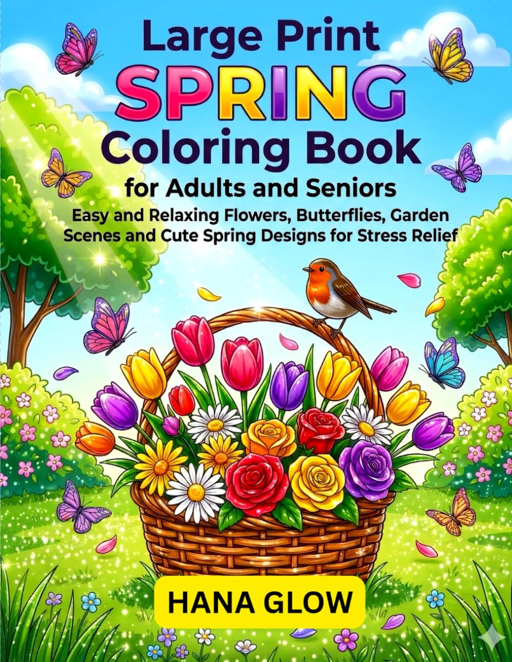 Large Print Spring Coloring Book for Adults and Seniors: Easy and Relaxing Flowers, Butterflies, Garden Scenes and Cute Spring Designs for Stress Relief and Creative Fun.