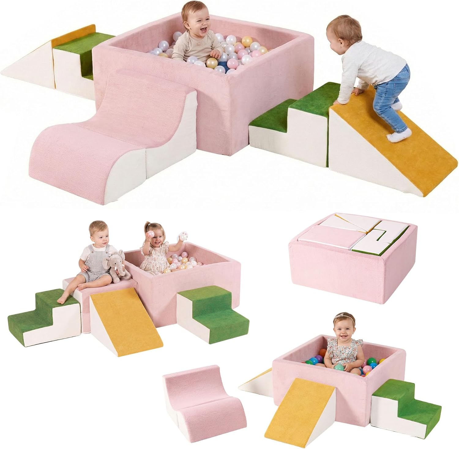 Foam Climbing Toys for Toddlers with Large Ball Pit, Foam Climbing Blocks, Soft Play Climb and Crawl Activity Playset, Toddler Play Crawling Climbing Sliding Indoor(Excluding Balls)