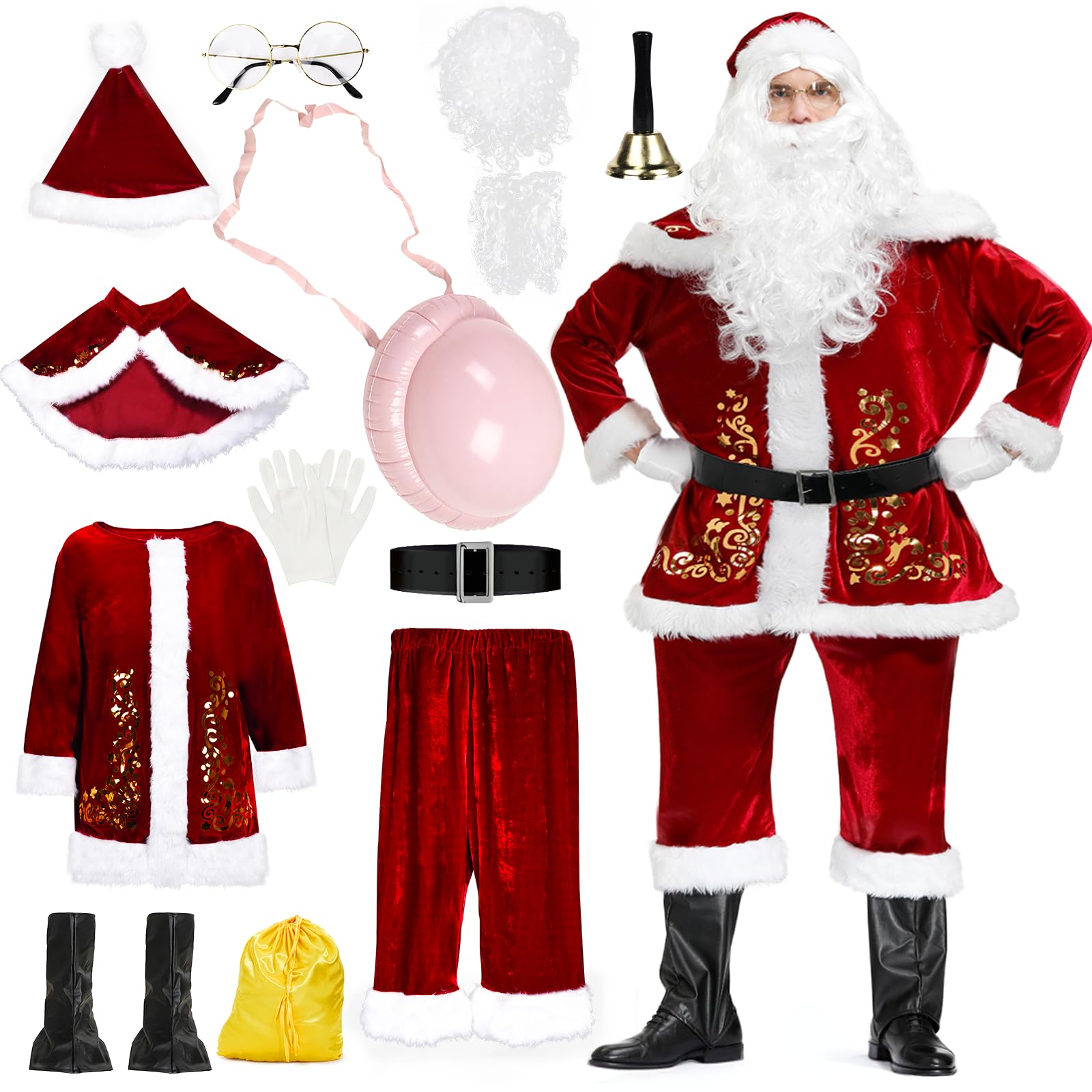 Ulikey Costume Pere Noel Homme, 15 Pièces Deguisement Pere Noel Adulte Tenue Pere Noel Homme Set avec Ensemble Complet Accessoires de Père Noël pour Noël, Carnaval