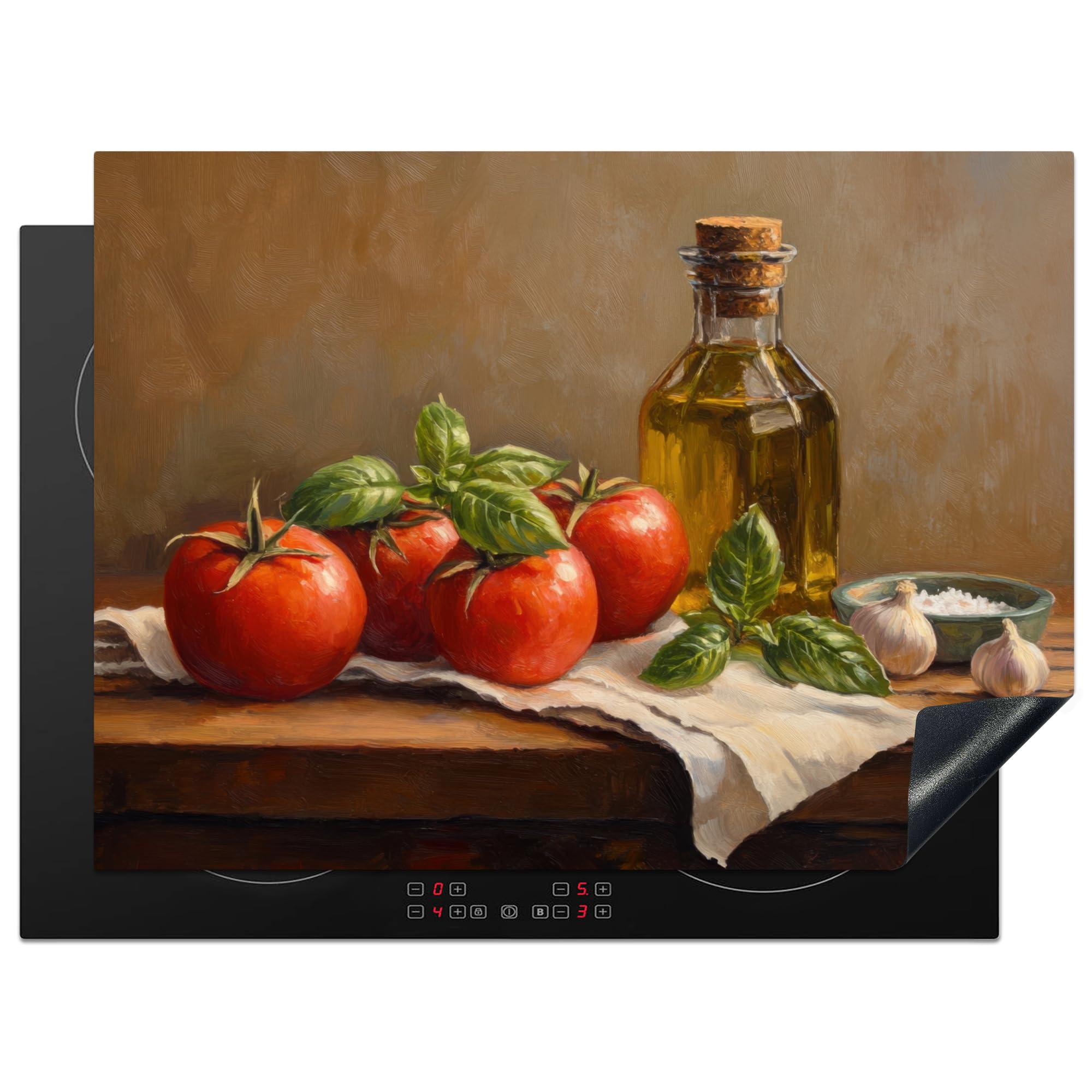 KitchenYeah© Induction Hob Protector Mat 20.5"x27.6" / 70x52 cm Stove Cap Top Cover Kitchen Cooker Covers for Electric Hobs Vinyl Tomatoes - Olive Oil - Still Life