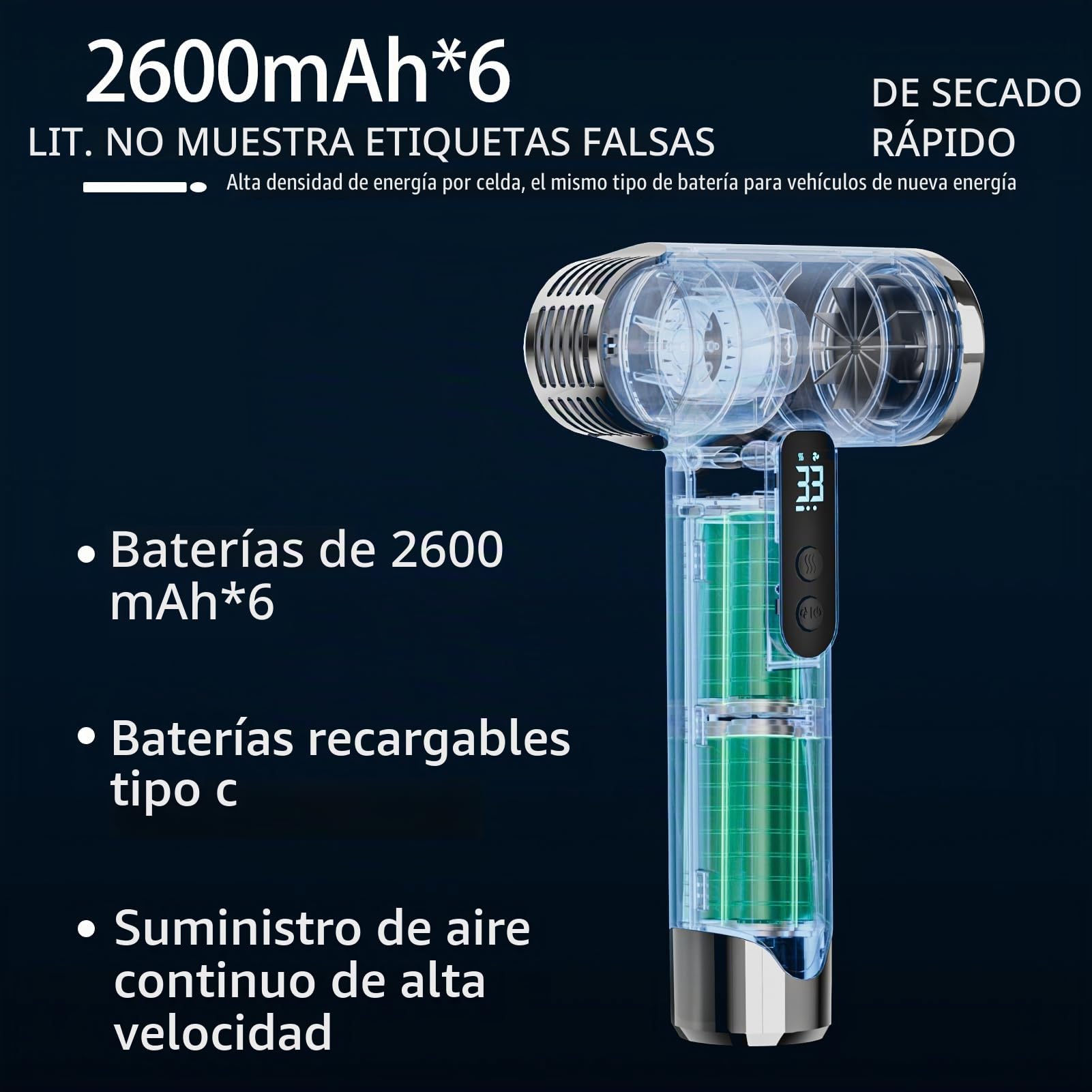 Secador de pelo 100.000 rpm, 15.000 mAh recargable USB, 200 W, secado rápido, boquilla, para hogar y viajes (blanco)