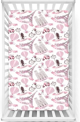 Miniatura 8 de Sábana bajera ajustable para cuna con temática de París, sábana bajera estándar para cuna, material ultrasuave, sábana para cuna para bebé niña o