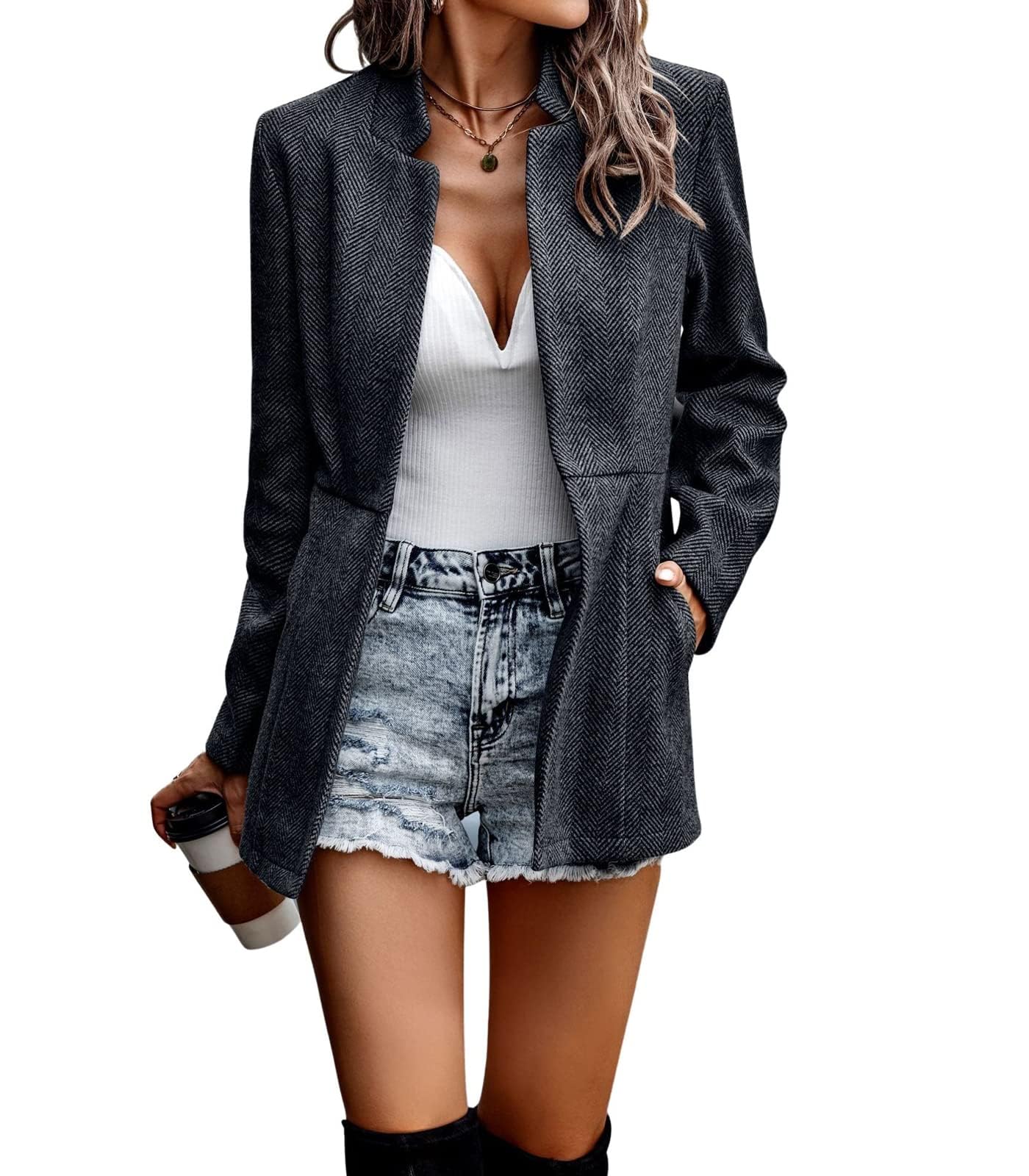 ebossy Womens Casual Business Stand Collar Open Front Office Blazer Notched Long Sleeve Dress Coat Jacket