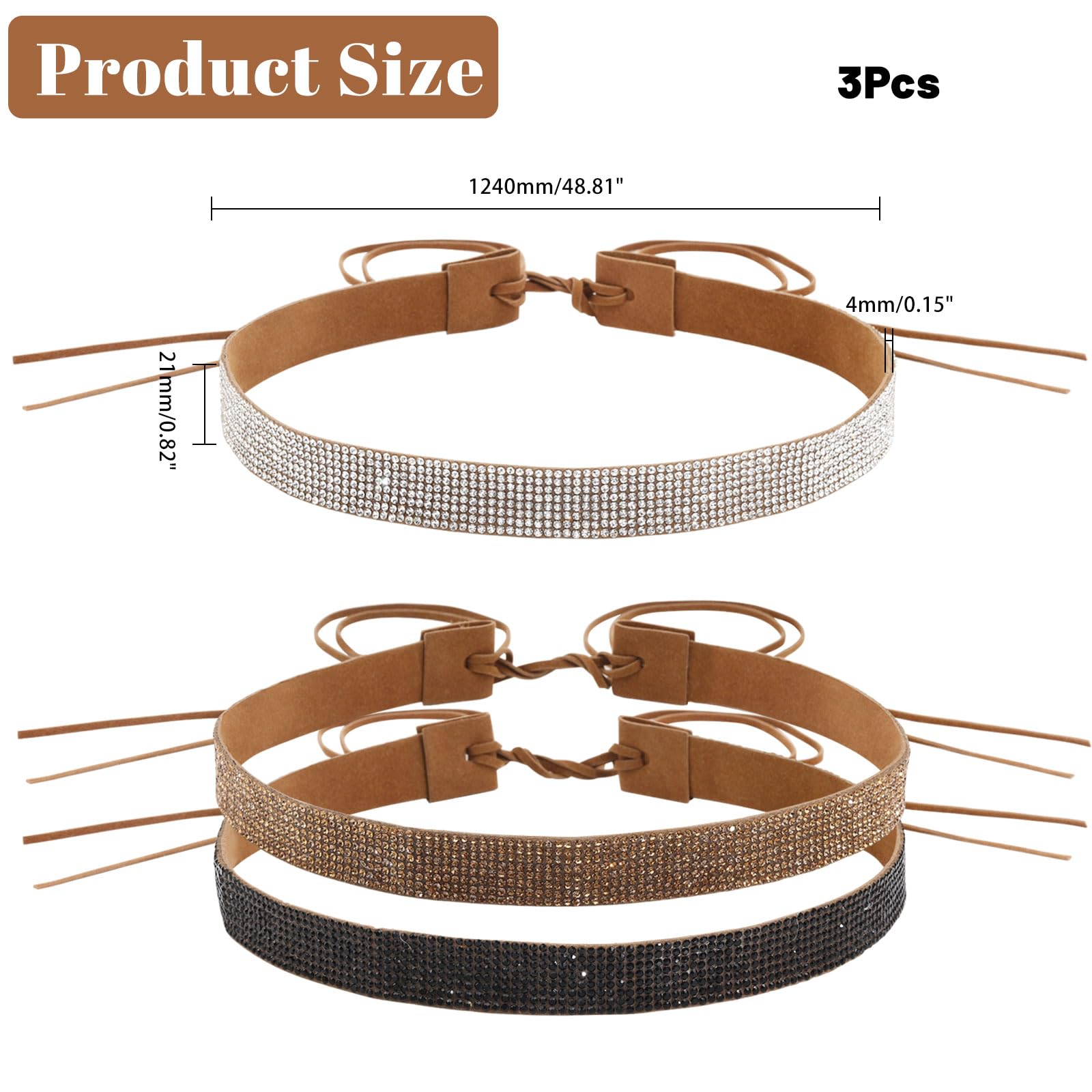 CHGCRAFT 3Colors Rhinestone Adjustable Hat Band Velvet Adjustable Hat Band Bling Hat Accessories for Cowboy Hat Straw Hat Decoration, 49inch