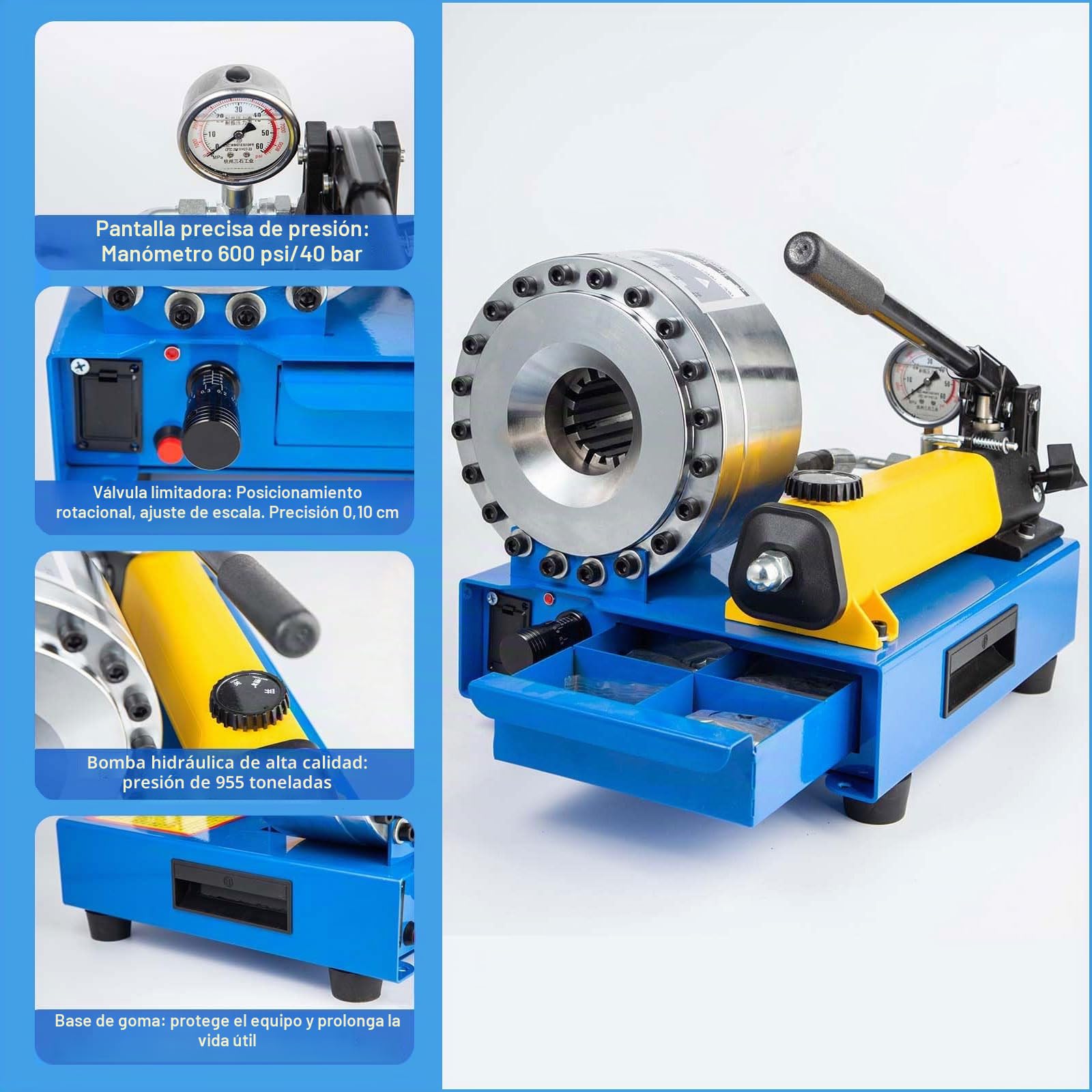 Máquina crimpadora de mangueras, máquina prensadora de tubos de manguera hidráulica de 6 a 25 mm, herramienta de crimpado de manguera hidráulica portátil con 7 juegos de troqueles (10-31 mm)