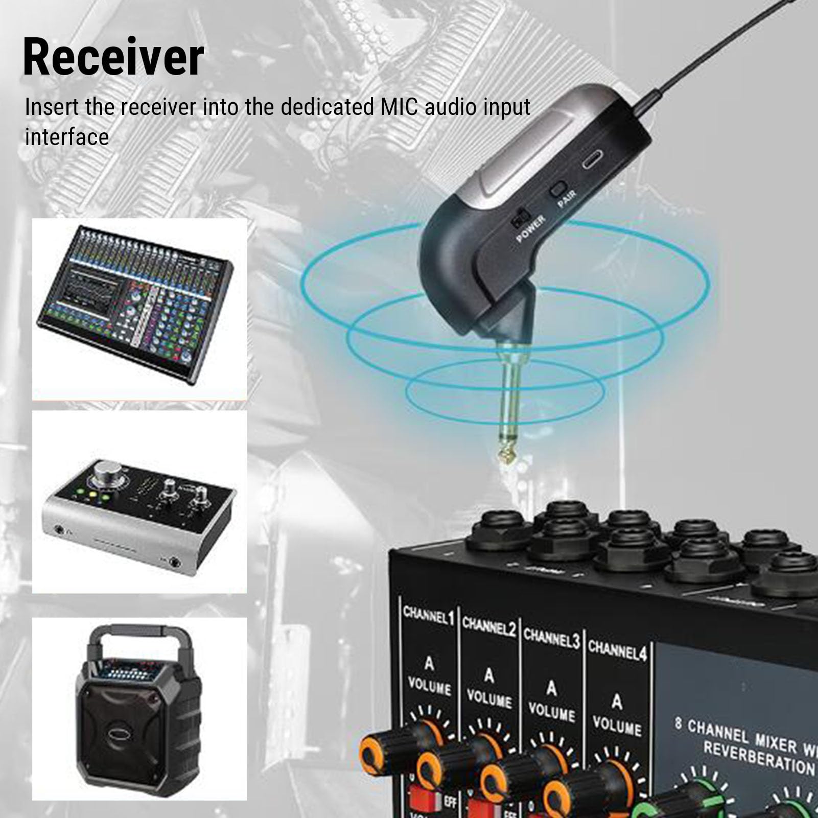 Vikye Microfono Wireless per Fisarmonica, Doppio Microfono per Strumento UHF con Pickup a 360 Gradi con Ricevitore a Lungo Raggio da 30 M e Durata della Batteria di 6 Ore, per