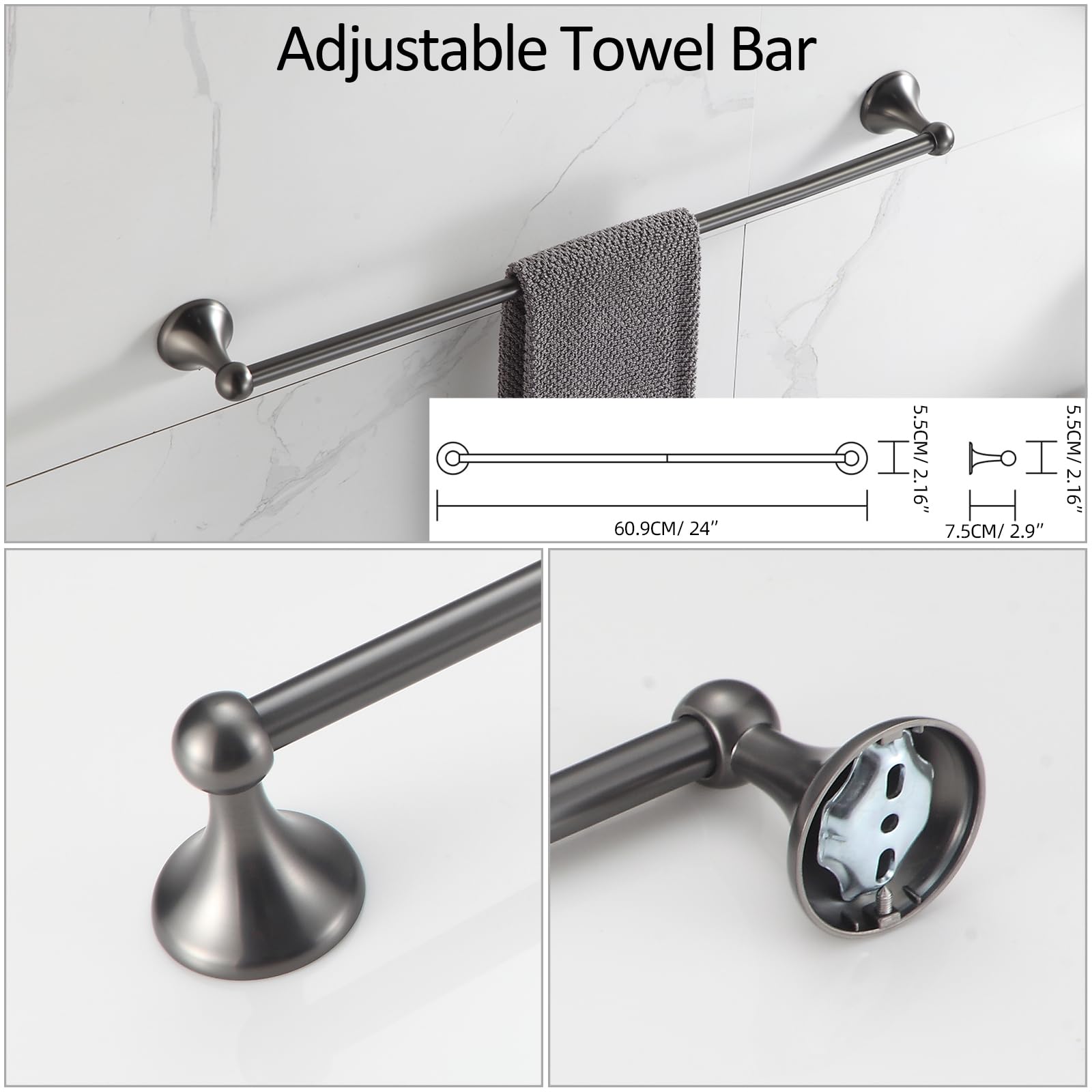 BGL Badezimmer-Zubehör-Set, galvanisiert, Wandmontage, verstellbare Handtuchstange, Bademantelhaken, Toilettenpapierhalter, Handtuchring, 4-teilig, glänzendes Grau