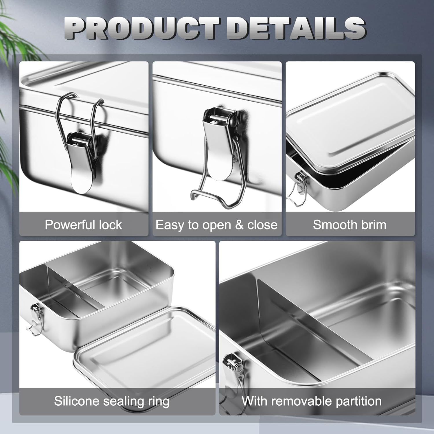 Confezione da 4 contenitori per il pranzo in acciaio inox, 850 ml, a prova di perdite, con clip di bloccaggio, scatole per snack in lavastoviglie per lavoro, picnic e preparazione dei pasti