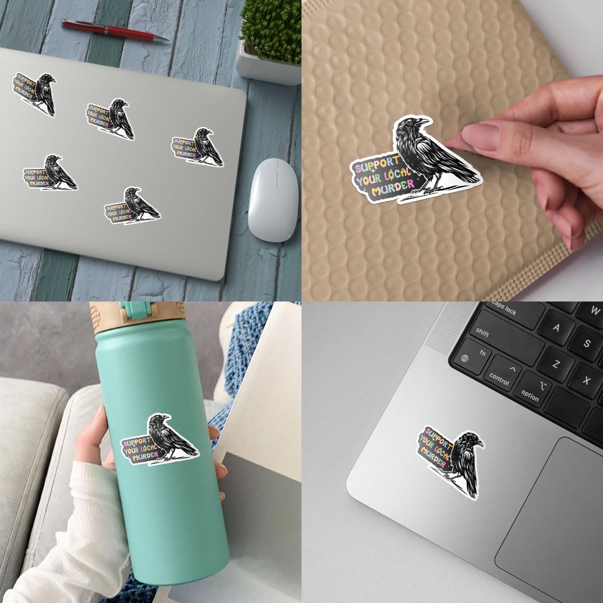 3 szt. 'Support Your Local Murder Crow', naklejki i kalkomanie na Halloween Raven, Murder of Crows, winylowa naklejka 7 cm na butelki z wodą, laptopa, telefon, samochód, kask narciarski