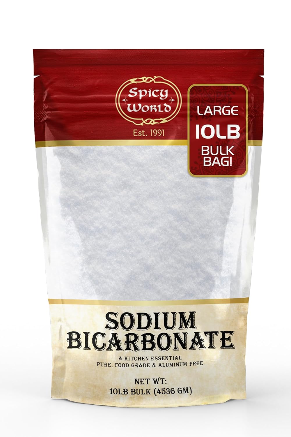 Spicy World Sodium Bicarbonate Powder - Aluminum Free, Food Grade Baking Soda Bulk for Cleaning, Pool, Cooking & More (10 LB Bag)