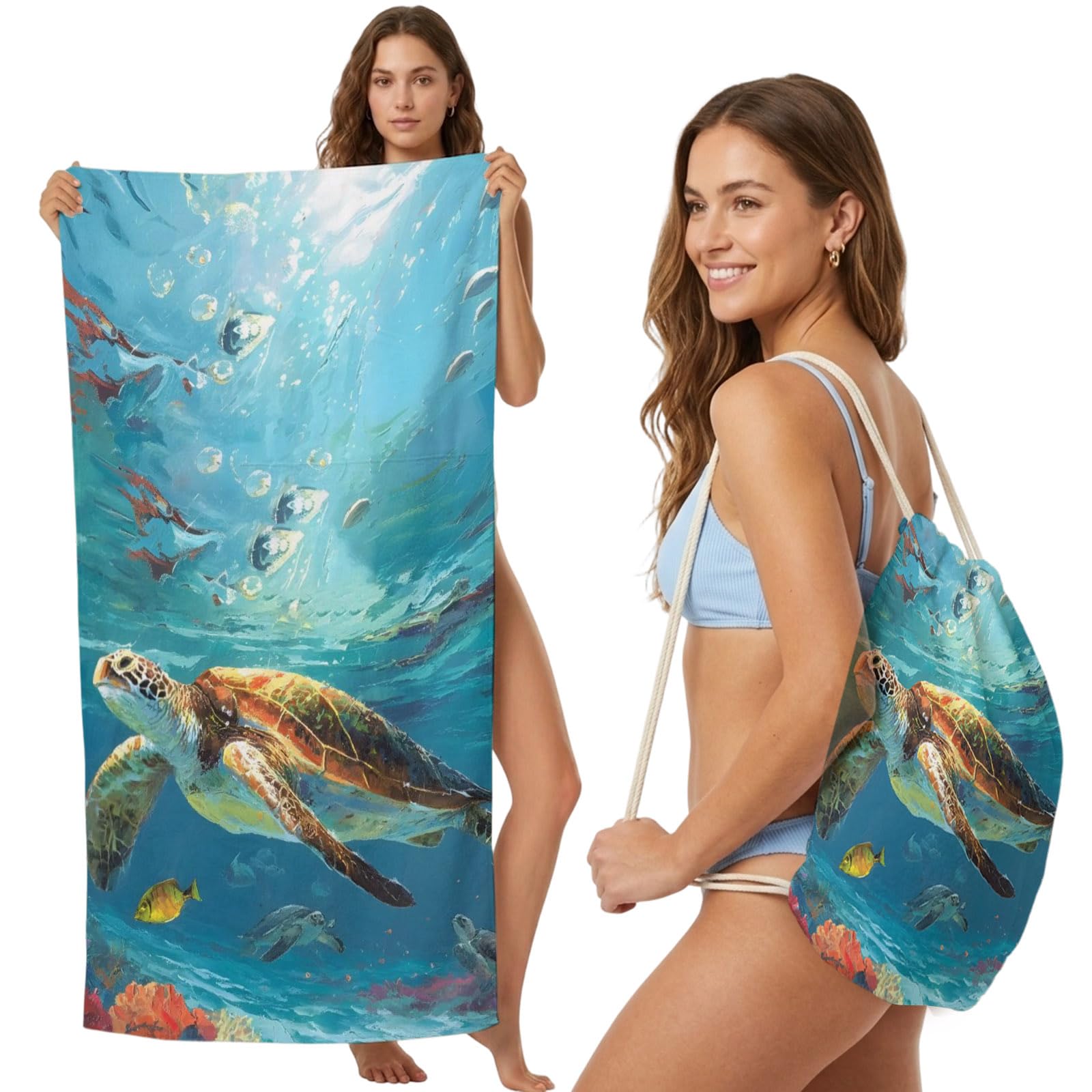 FWJZDSP Beach Towel Backpack, Summer Underwater Sea Turtle 2-in-1 Foldable Soft Microfiber Quick Dry Beach Towel 31.5x63in Coastal Ocean Creature Lightweight Pool Towels Bag for Travel, Yoga, Gym