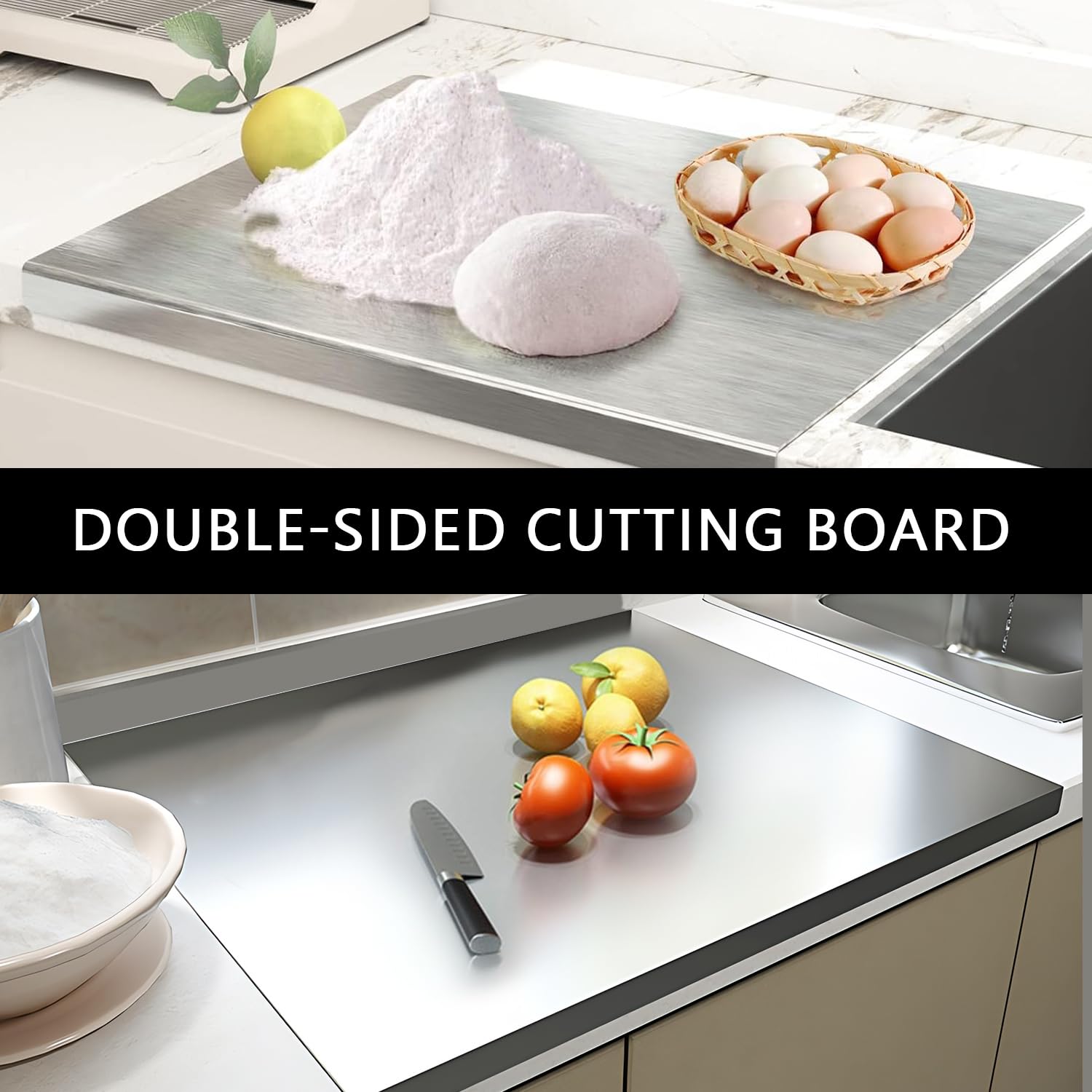 Großes Schneidebrett aus Edelstahl 60 x 50 x 0.15 cm Doppelseitiges Schneidbretter mit Anschlagkante Rutschfeste Cutting Board Küchen Arbeitsplatte für Fleisch Obst Gemüse Brot und Backen