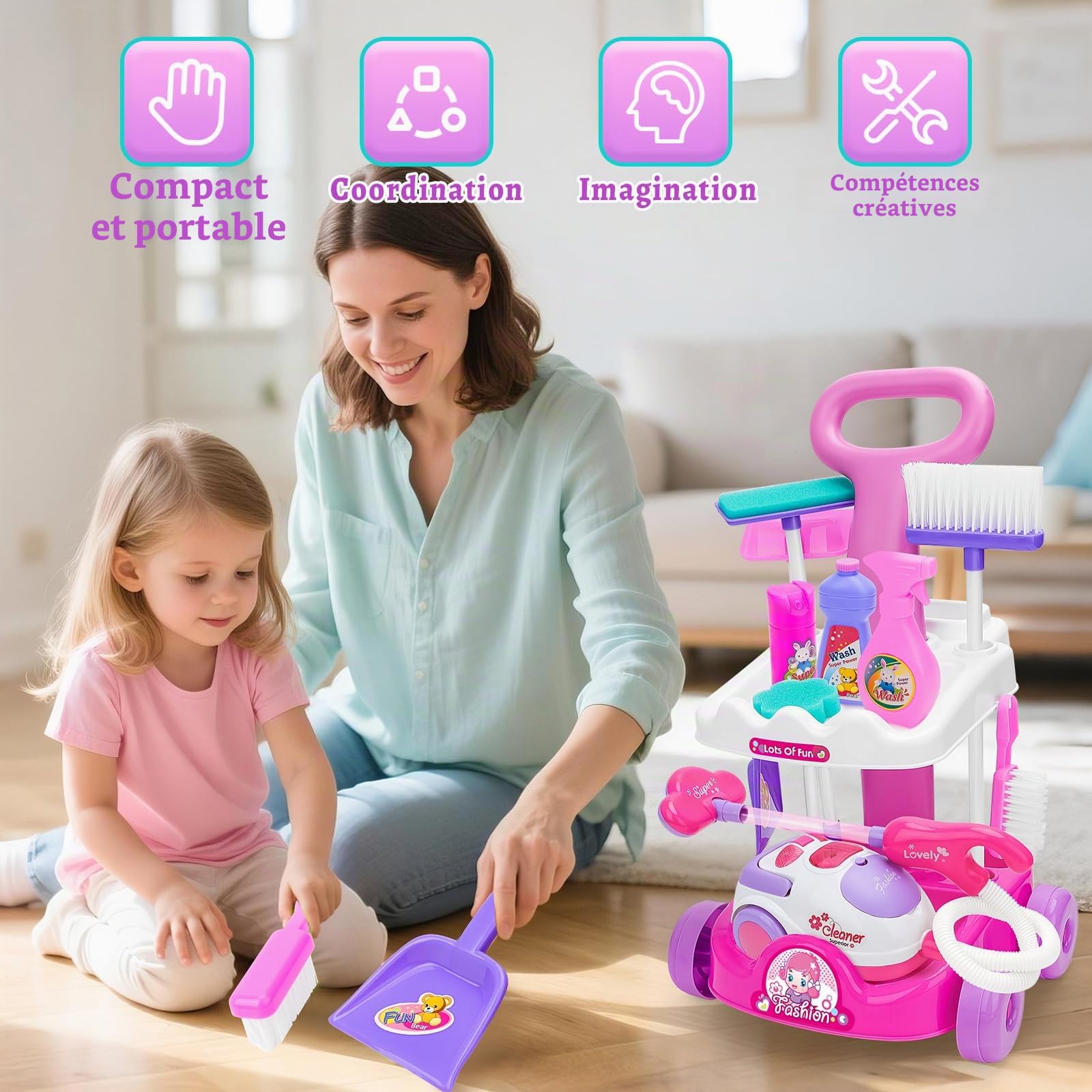 deAO Chariot Menage Enfants,Aspirateur Enfant, Kit Menage Enfant Jouet,avec Son et Lumière, Cadeaux pour Garçons et Filles