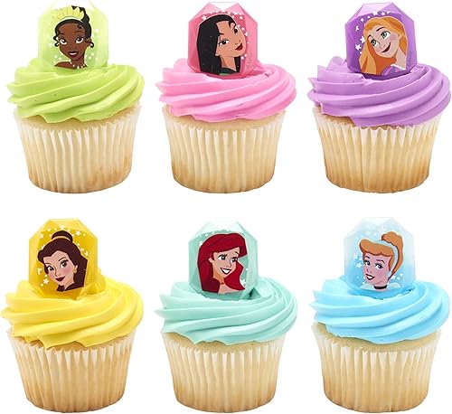 Miniatura 6 de DecoPac Anillos de piedras preciosas de princesa de Disney, decoraciones para cupcakes con mulan, cenicienta, tiana, belle, rapunzel y Ariel