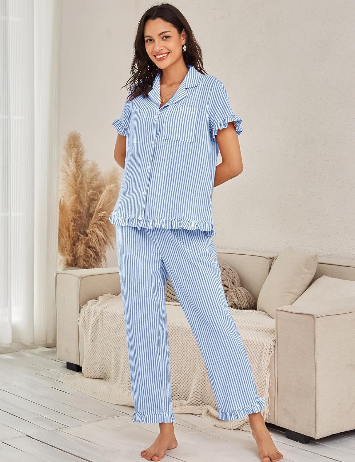 Flygo Womens Striped Pajama Sets Cotton Button Down Sleepwear Short Sleeve Top Long Ruffle Pants 2 Piece Pjs Loungewear Sets - Image 2