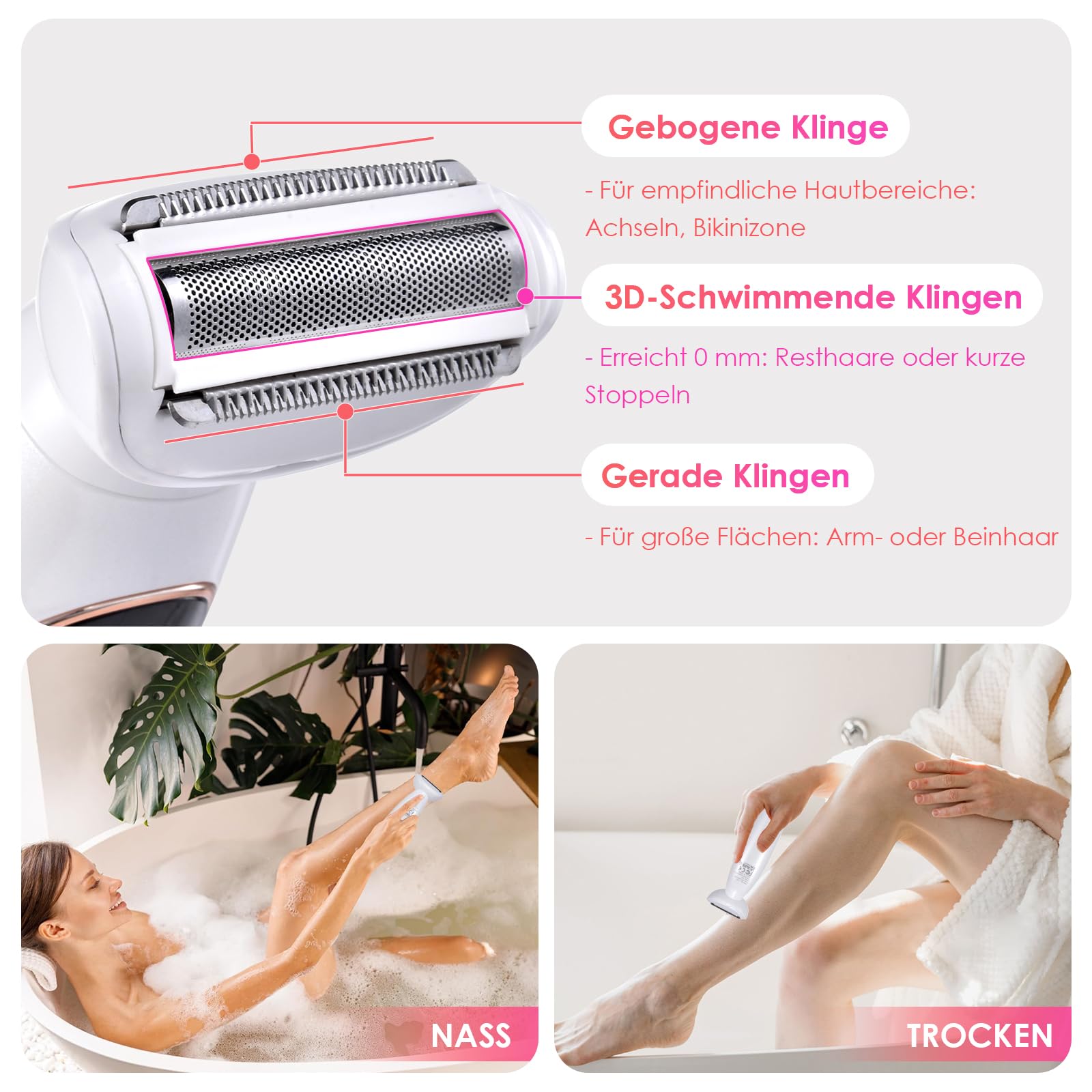 Rasierer Damen, 5-In-1 Elektrische Intimrasierer für Frauen für Bikinizone, Gesicht und Körper mit 3 Aufsätzen und Präzisionskamm, IPX7 Wasserdicht mit Reinigungsbürsten
