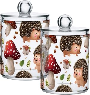 2 Pack Apothecary Jars Cartoon Hedgehog and Mushrooms Bathroom Vanity Storage Organizer Set,Small Clear Plastic Storage Jars Bathroom Canister for Cotton Swabs, Rounds, Balls, Qtips,Makeup Spon