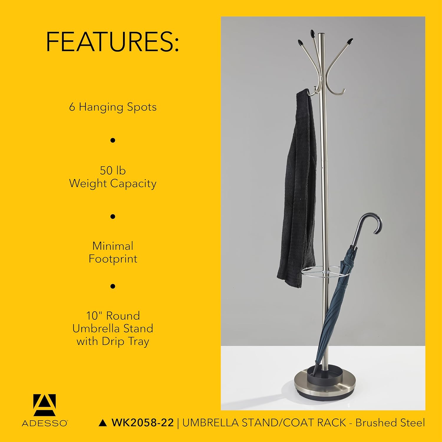 Adesso Brushed Steel Coat Rack & Umbrella Stand – 69” Tall Entryway Organizer with 6 Hooks, 10” Round Umbrella Holder, Water Tray, Home & Office Storage Solution