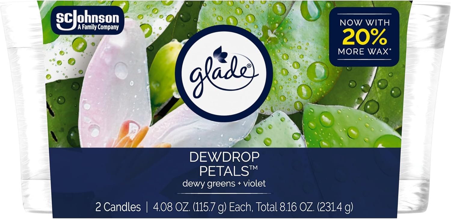 Glade 1-Wick Scented Candle Jar, Dewdrop Petals, Air Freshener Infused with Essential Oils, 4.08 Oz, 2 Count