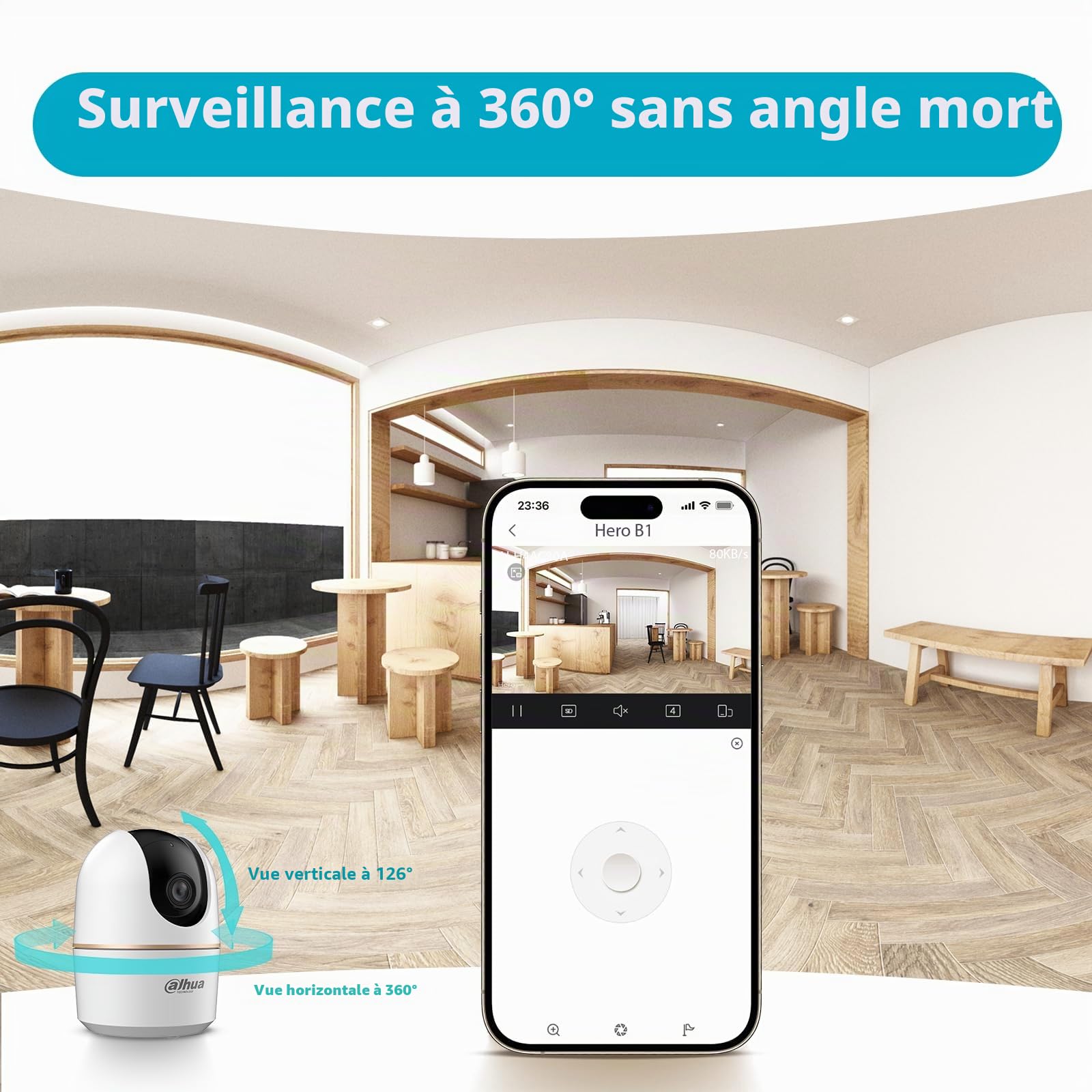 Dahua H5A 5MP 360° Caméra de surveillance intérieure, caméra Wi-Fi 6 de surveillance intérieure avec reconnaissance de personnes IA, caméra Wi-Fi, suivi automatique, vision nocturne, audio
