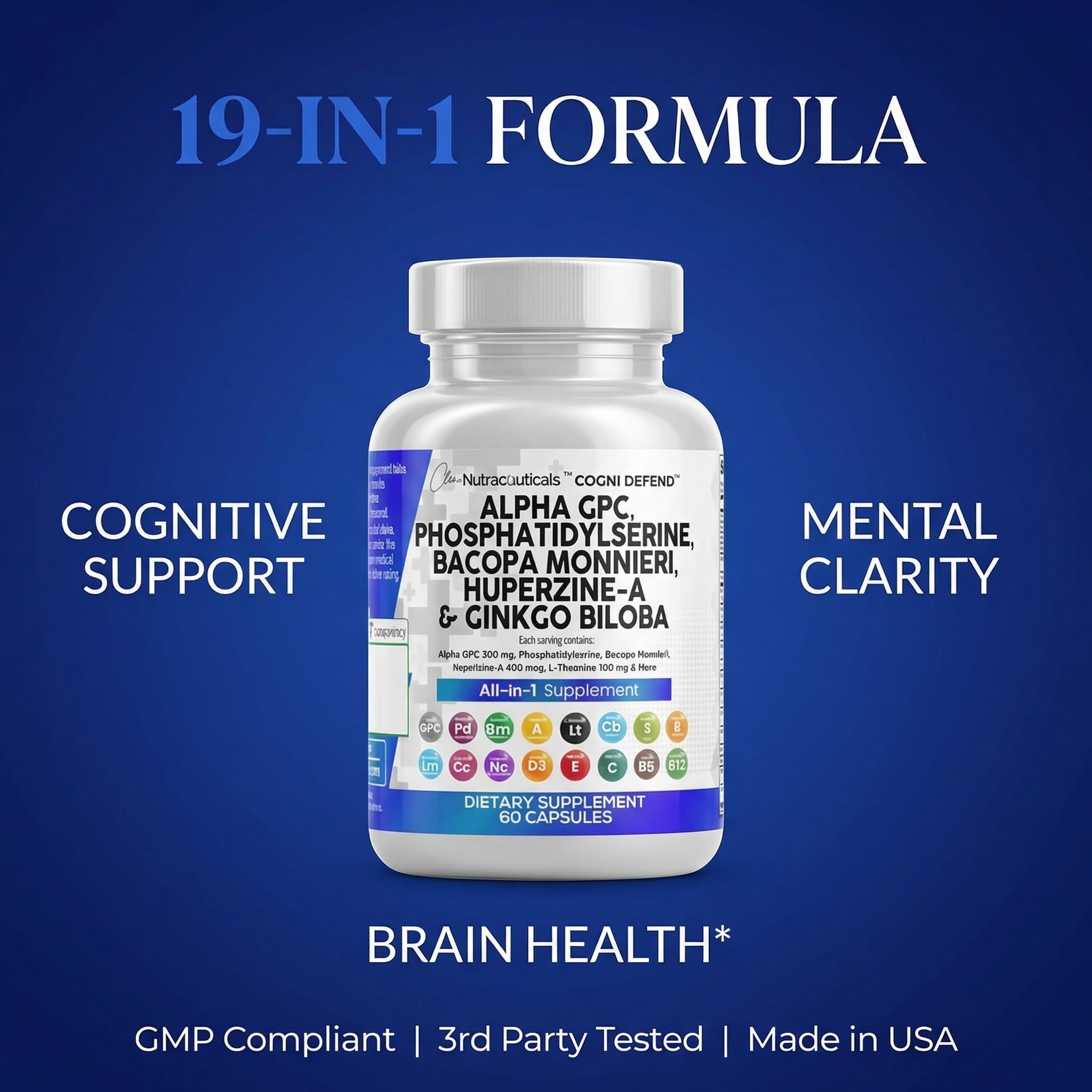 Brain Supplement Alpha GPC 300mg Phosphatidylserine Bacopa Monnieri Ginkgo Biloba Lions Mane Huperzine A L-Theanine NAC Nootropic Memory Focus Cognitive Support Vitamins B C D E 60 Capsules USA — Amazon image 8