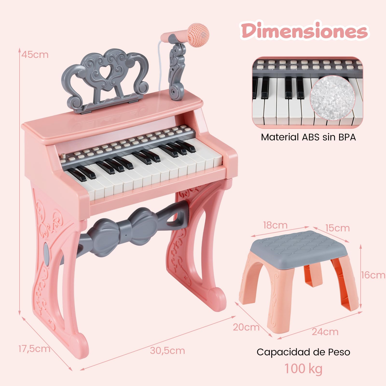 COSTWAY Teclado Piano de Madera para Niños, Piano Infantil Eléctrico de 25 Teclas con Taburete, Atril para Partituras y Micrófono, Órgano Electrónico Educativo para Niños a Partir de 3 Años, Rosa