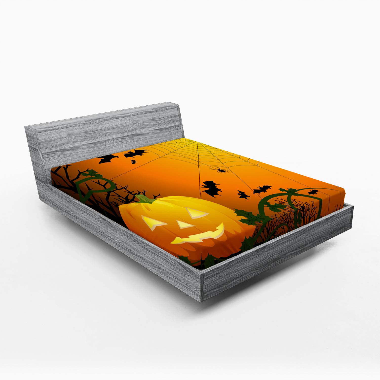 Ambesonne Halloween Fitted Sheet, Spooky Season Themed Composition of Pumpkins Leaves Trees and Bats, Bed Cover with All-Round Elastic Deep Pocket for Comfort, Full Size, Dark Green Orange Black