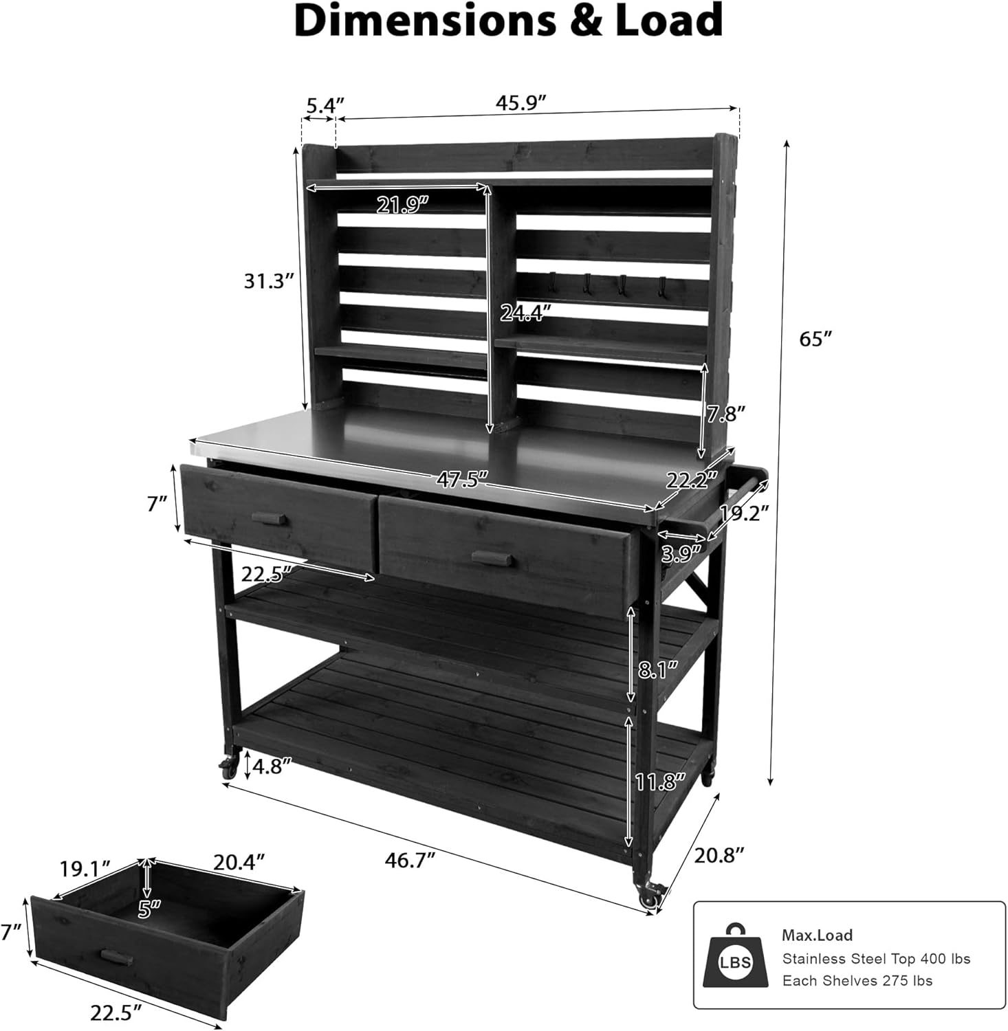 64.9" Outdoor Potting Bench Table with Storage - Solid Wood Large Outdoor Kitchen Island with Lockable Wheels, Stainless Steel Top, Upper Hutch and Rack for Gardening